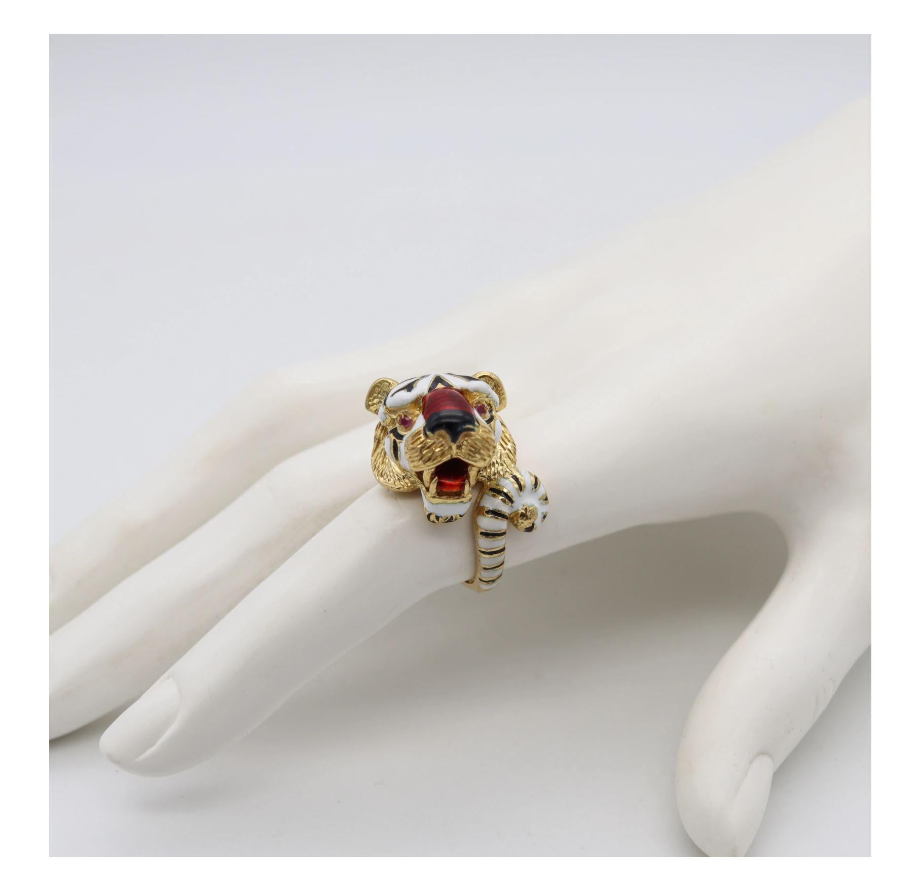 Frascarolo Milano Enameled Tiger Cocktail Ring in 18Kt Yellow Gold with Rubies 1