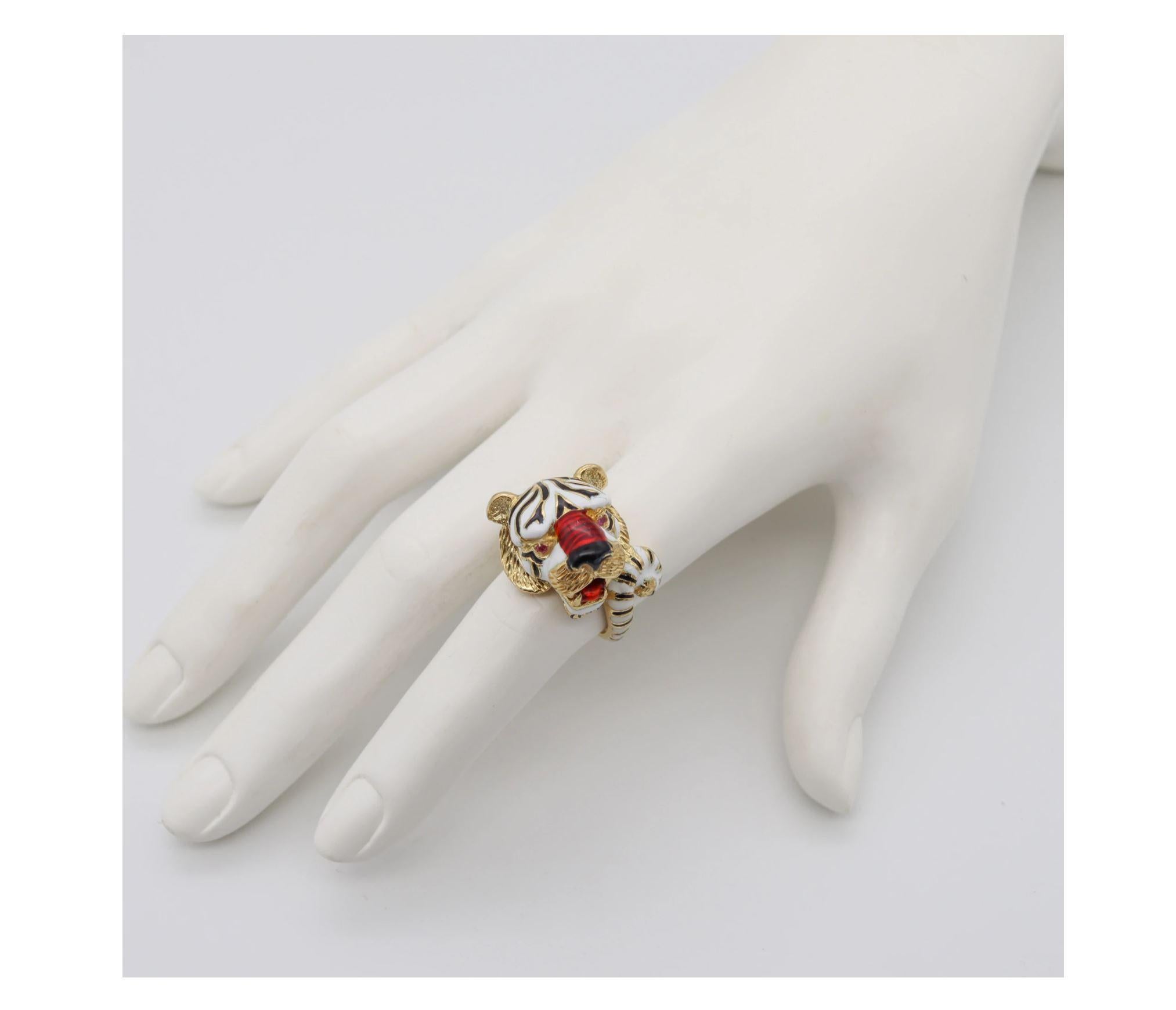 Frascarolo Milano Enameled Tiger Cocktail Ring in 18Kt Yellow Gold with Rubies 2
