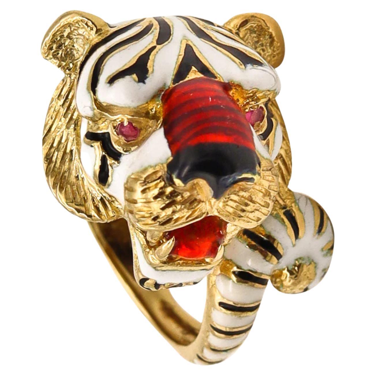 Frascarolo Milano Enameled Tiger Cocktail Ring in 18Kt Yellow Gold with Rubies
