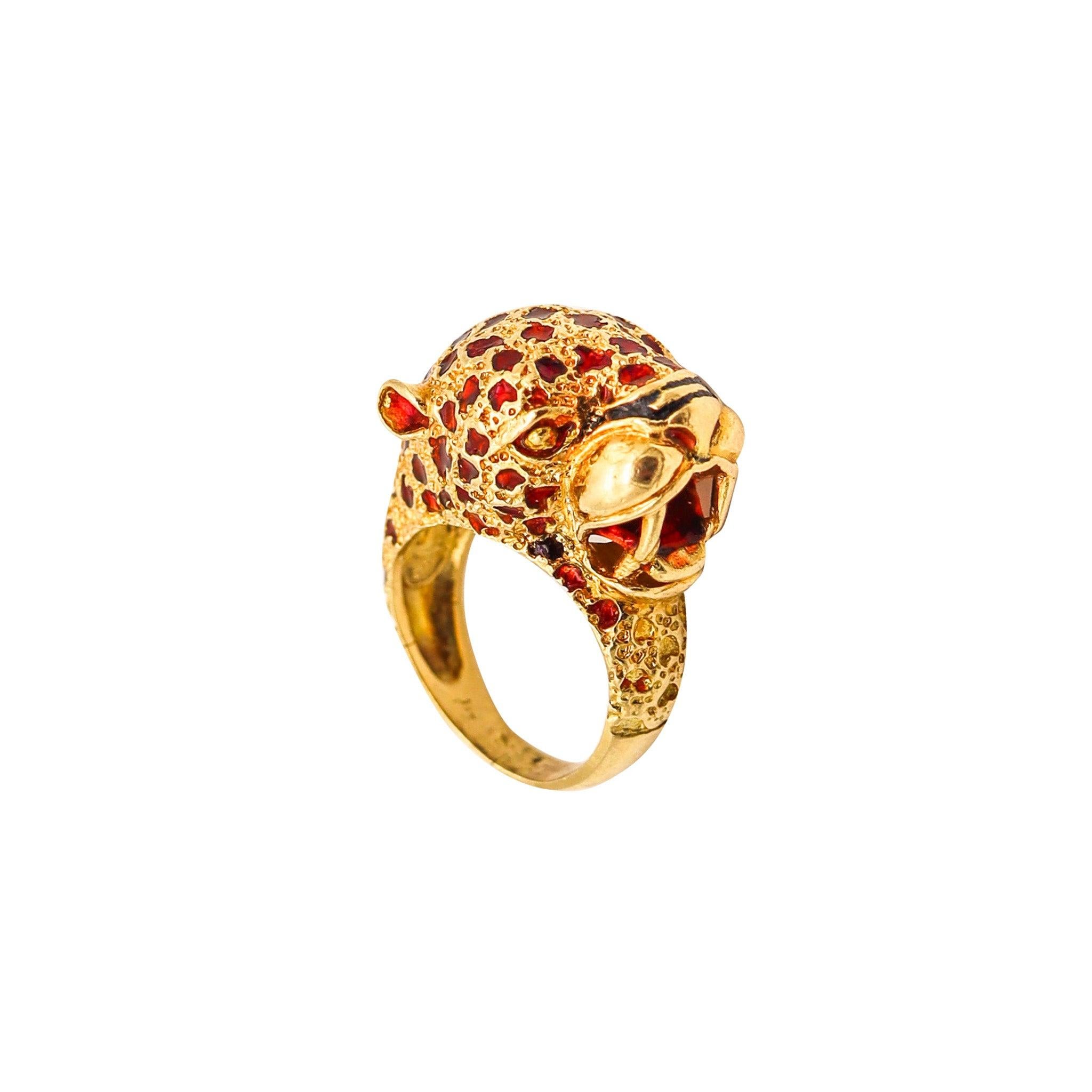 Anello da cocktail con pantera smaltata rossa di Frascarolo Milano in oro giallo massiccio 18Kt in vendita 5