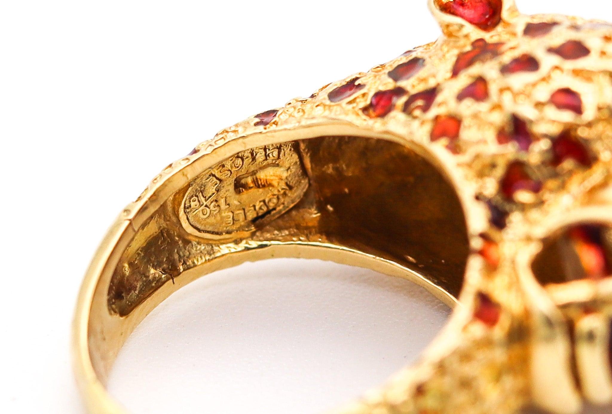 Anello da cocktail con pantera smaltata rossa di Frascarolo Milano in oro giallo massiccio 18Kt in vendita 1