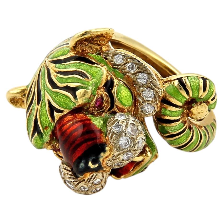 Frascarolo Model Nopose Diamond Enamel Tiger Ring 18K Yellow Gold Size 5 en vente