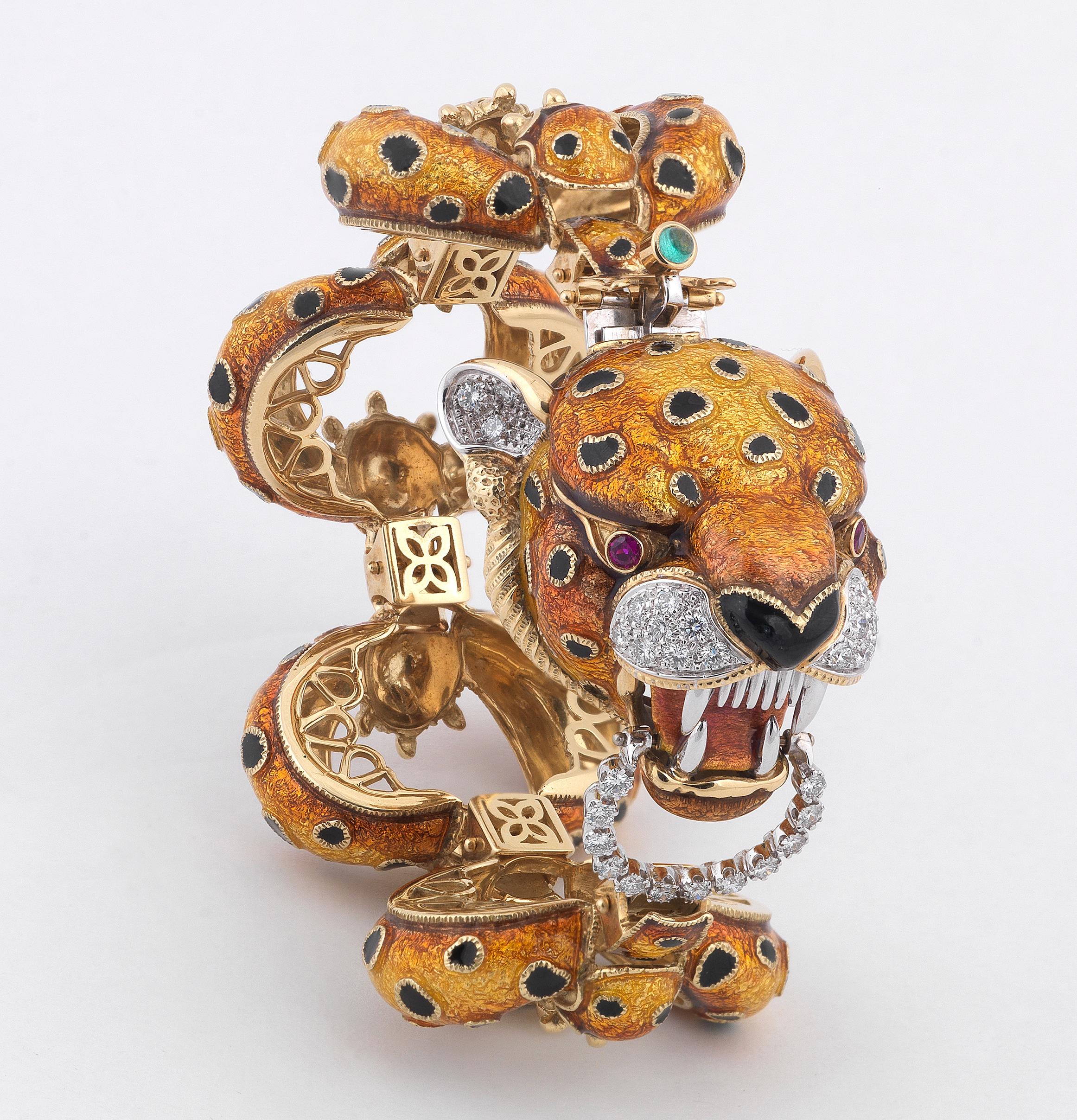 Retro Frascarolo Polychrome Enamel and Diamond Tiger Bracelet