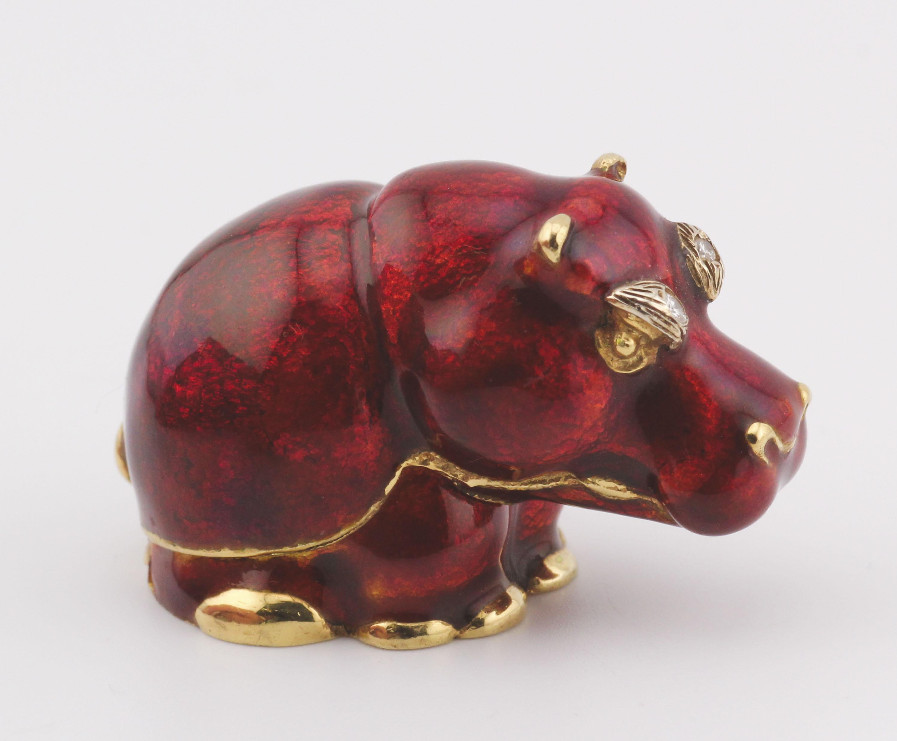 Brilliant Cut Frascarolo Rare Vintage Diamond Enamel 18k Gold Hippo Pillbox For Sale