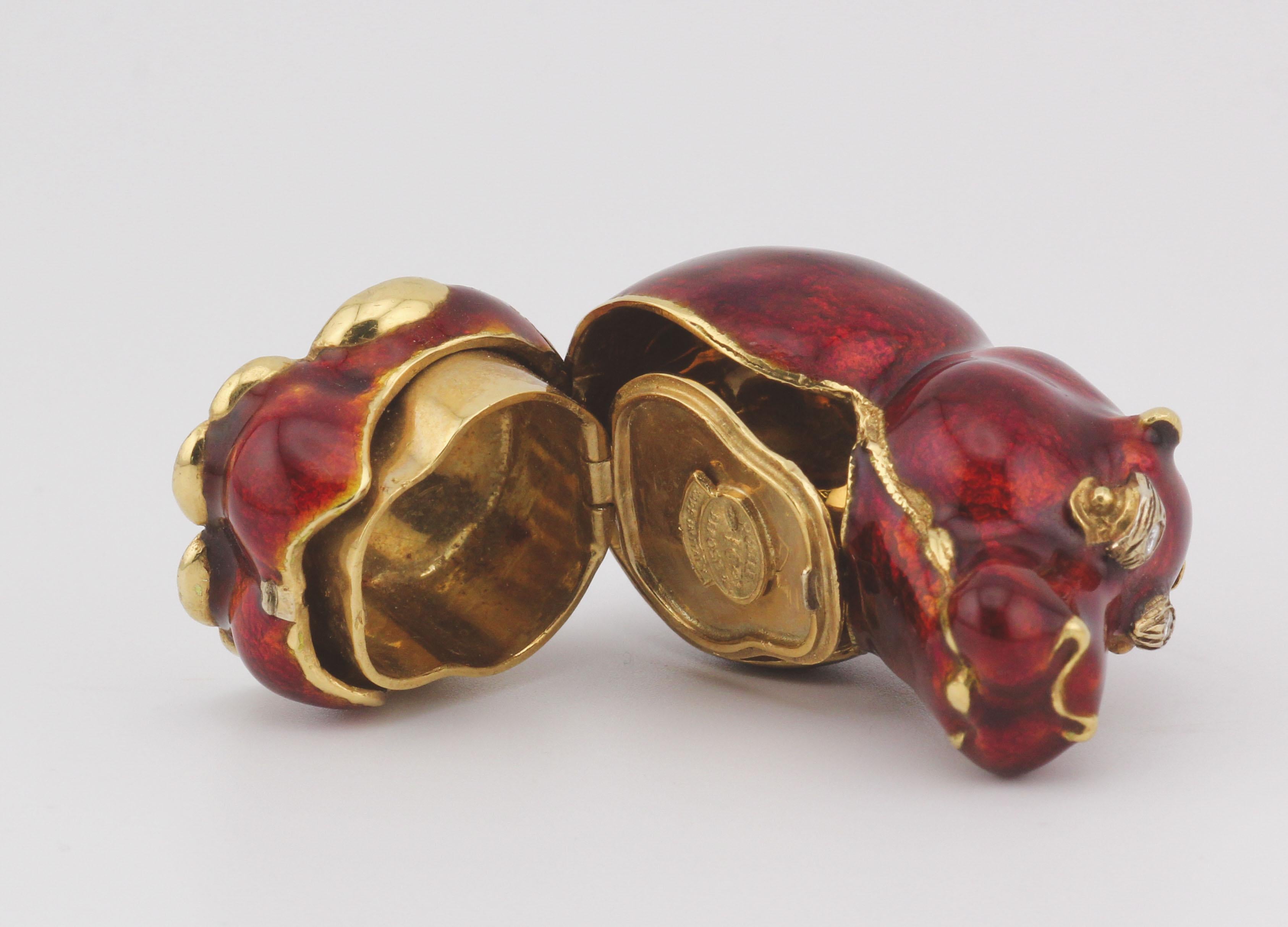 Frascarolo Rare Vintage Diamond Enamel 18k Gold Hippo Pillbox For Sale 3