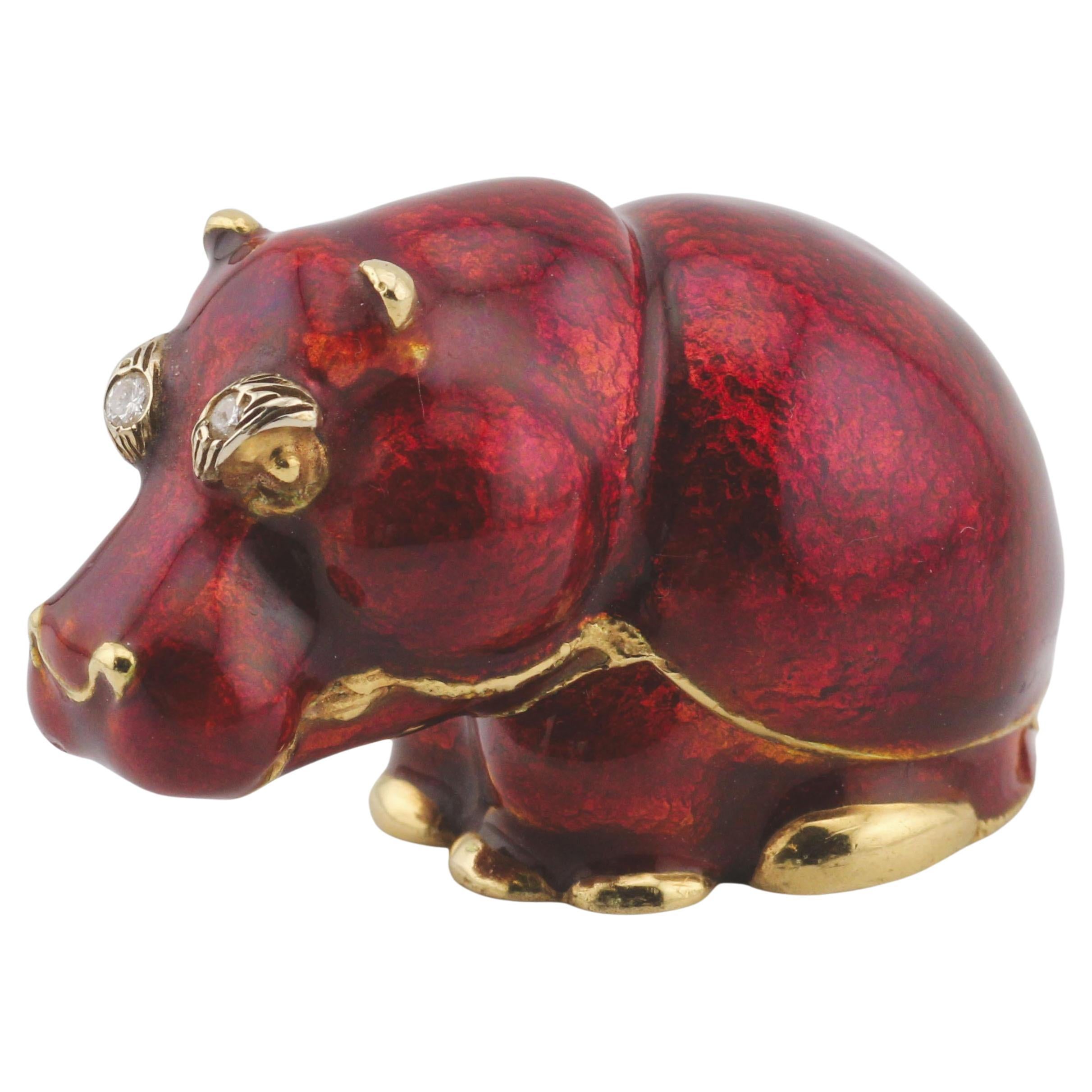 Frascarolo Rare Vintage Diamond Enamel 18k Gold Hippo Pillbox For Sale
