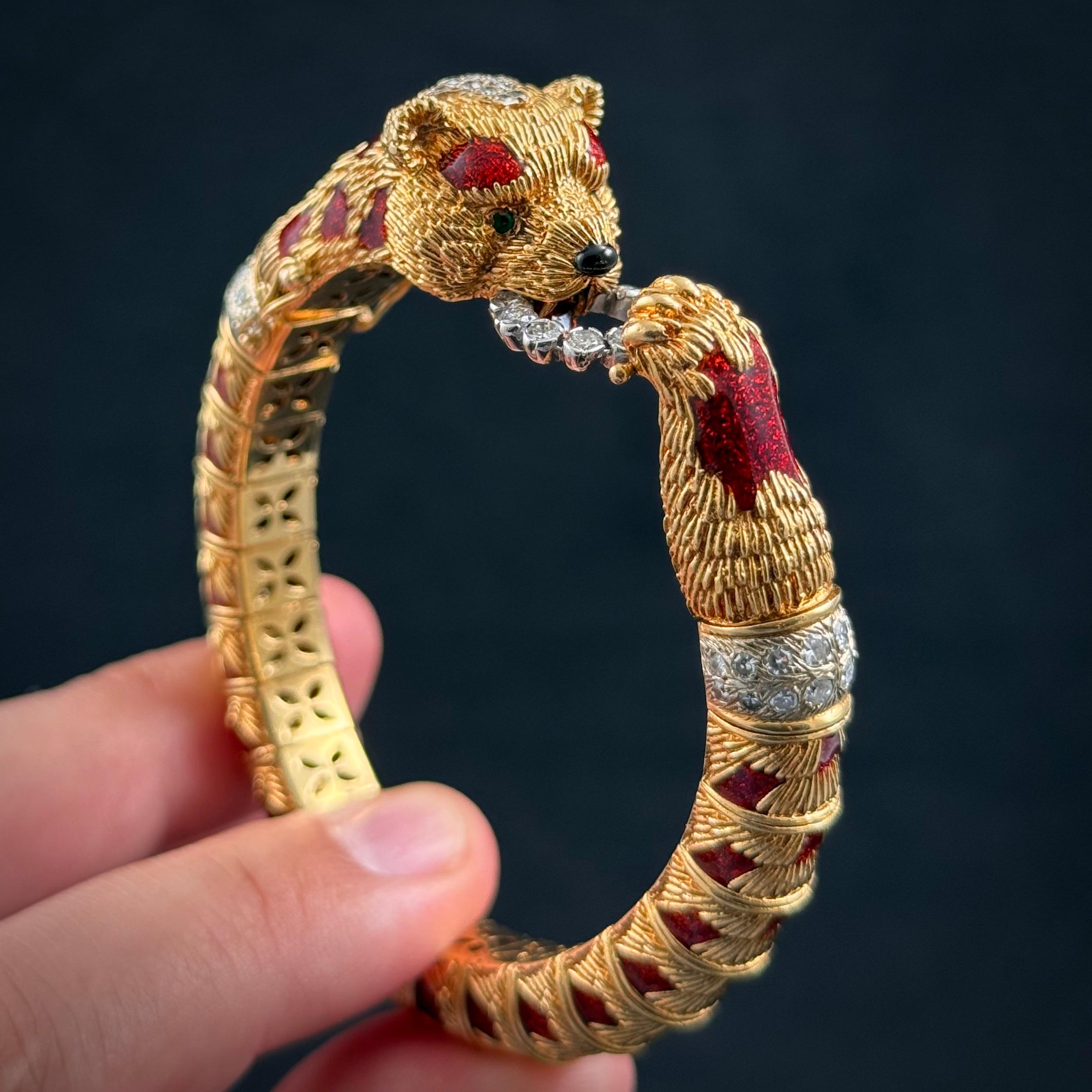 Frascarolo Red Panda Bear Enamel Diamond Bangle Bracelet Yellow Gold Italy 1960s 4