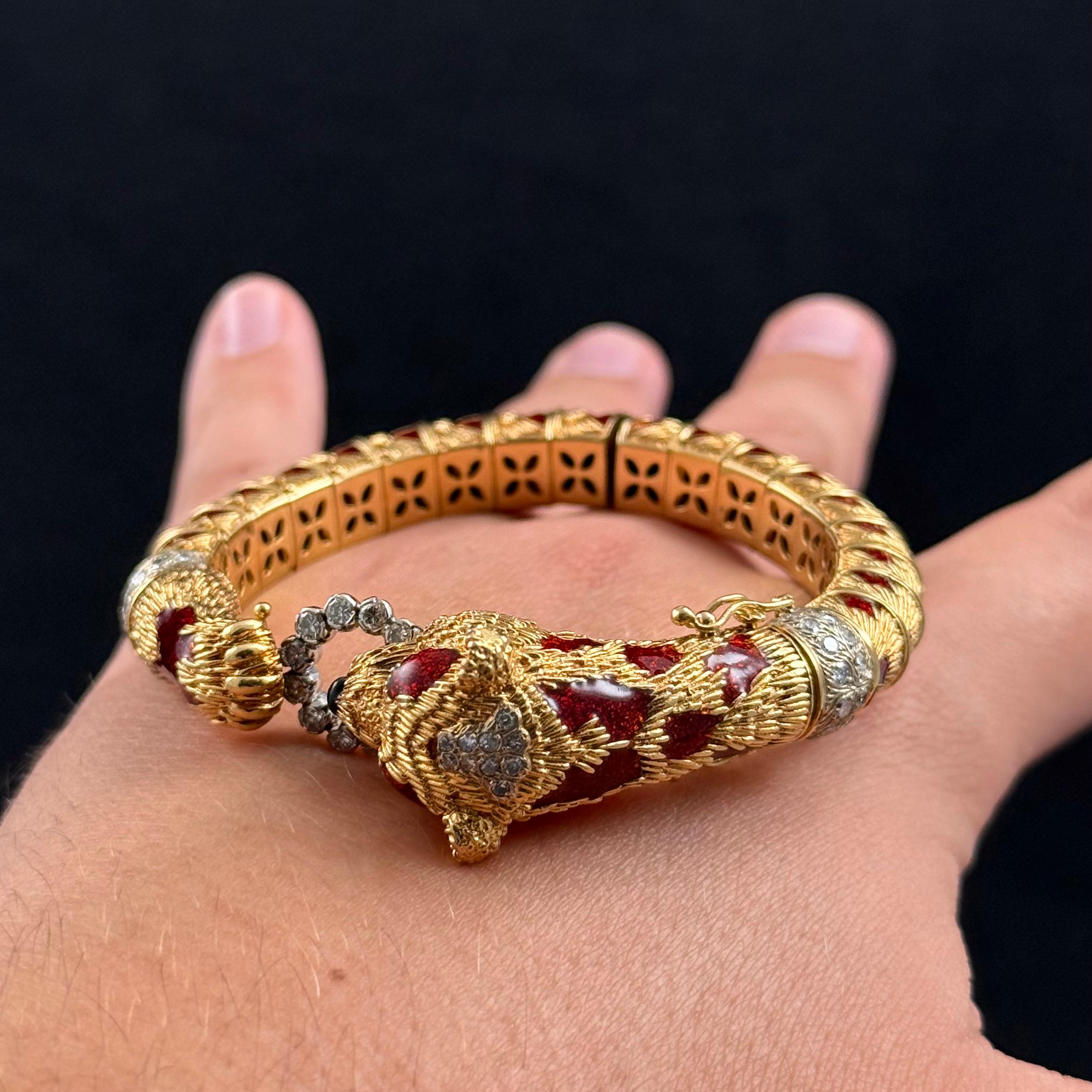 Frascarolo Red Panda Bear Enamel Diamond Bangle Bracelet Yellow Gold Italy 1960s 5