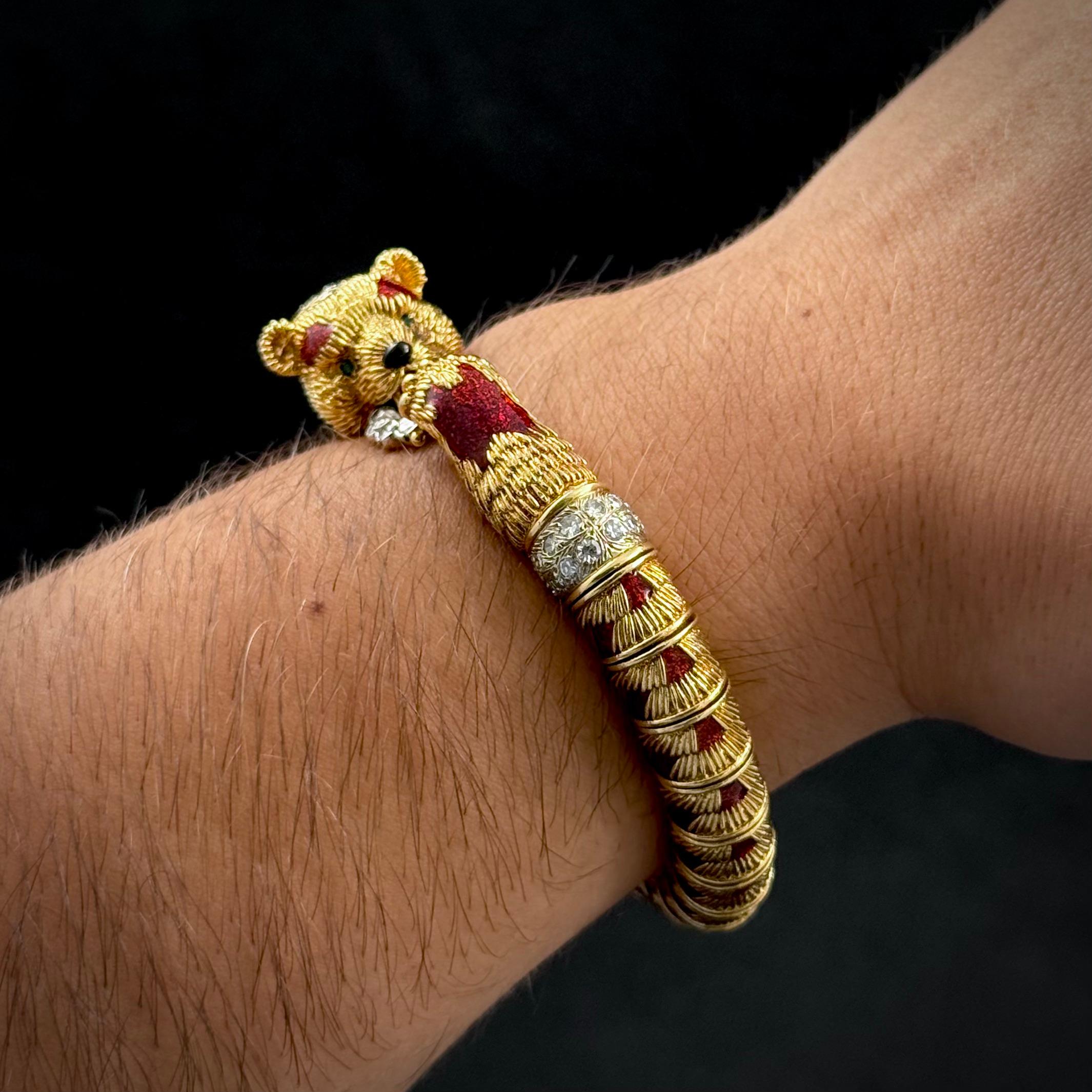 Frascarolo Red Panda Bear Enamel Diamond Bangle Bracelet Yellow Gold Italy 1960s 7