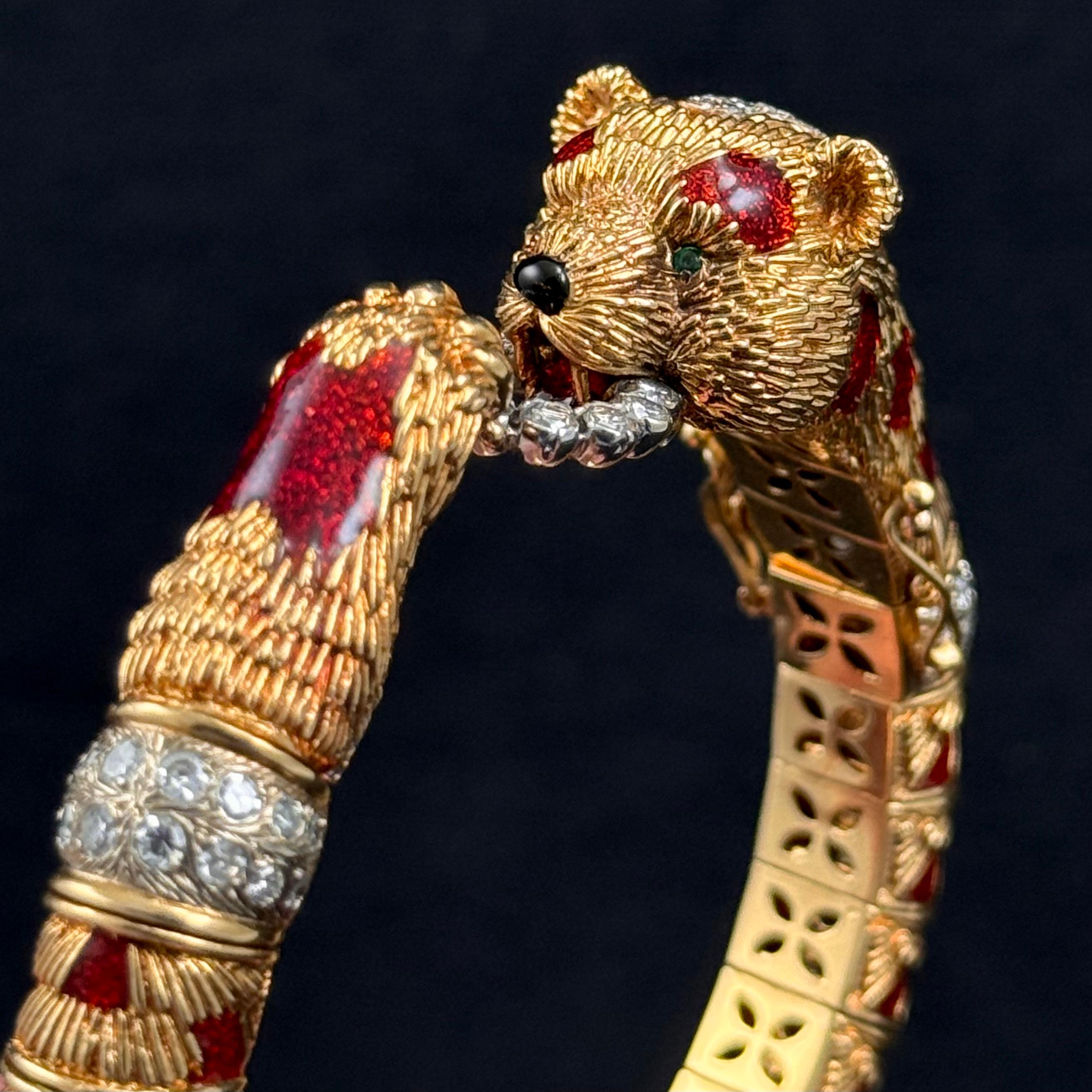 Frascarolo Red Panda Bear Enamel Diamond Bangle Bracelet Yellow Gold Italy 1960s 9
