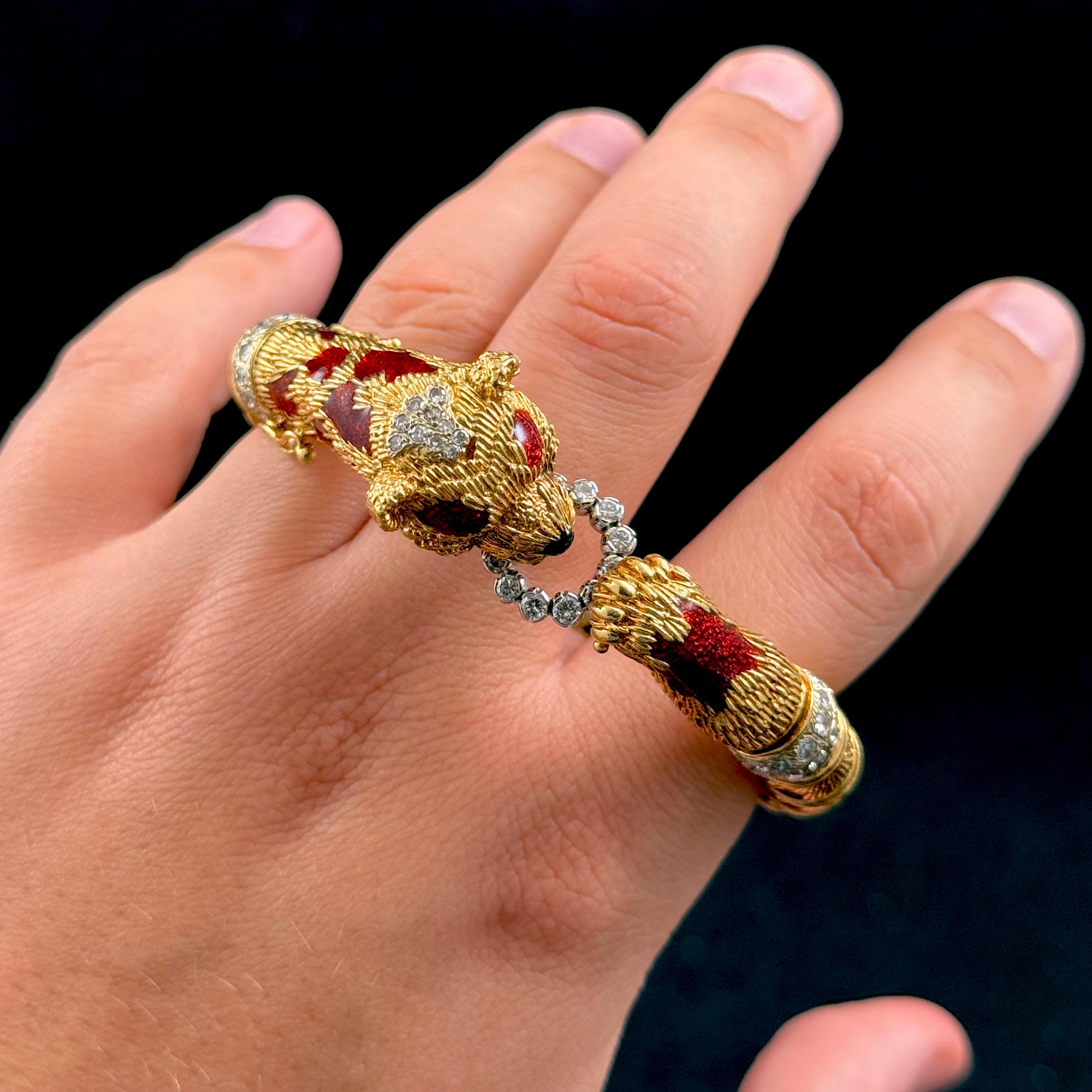 Frascarolo Red Panda Bear Enamel Diamond Bangle Bracelet Yellow Gold Italy 1960s 10