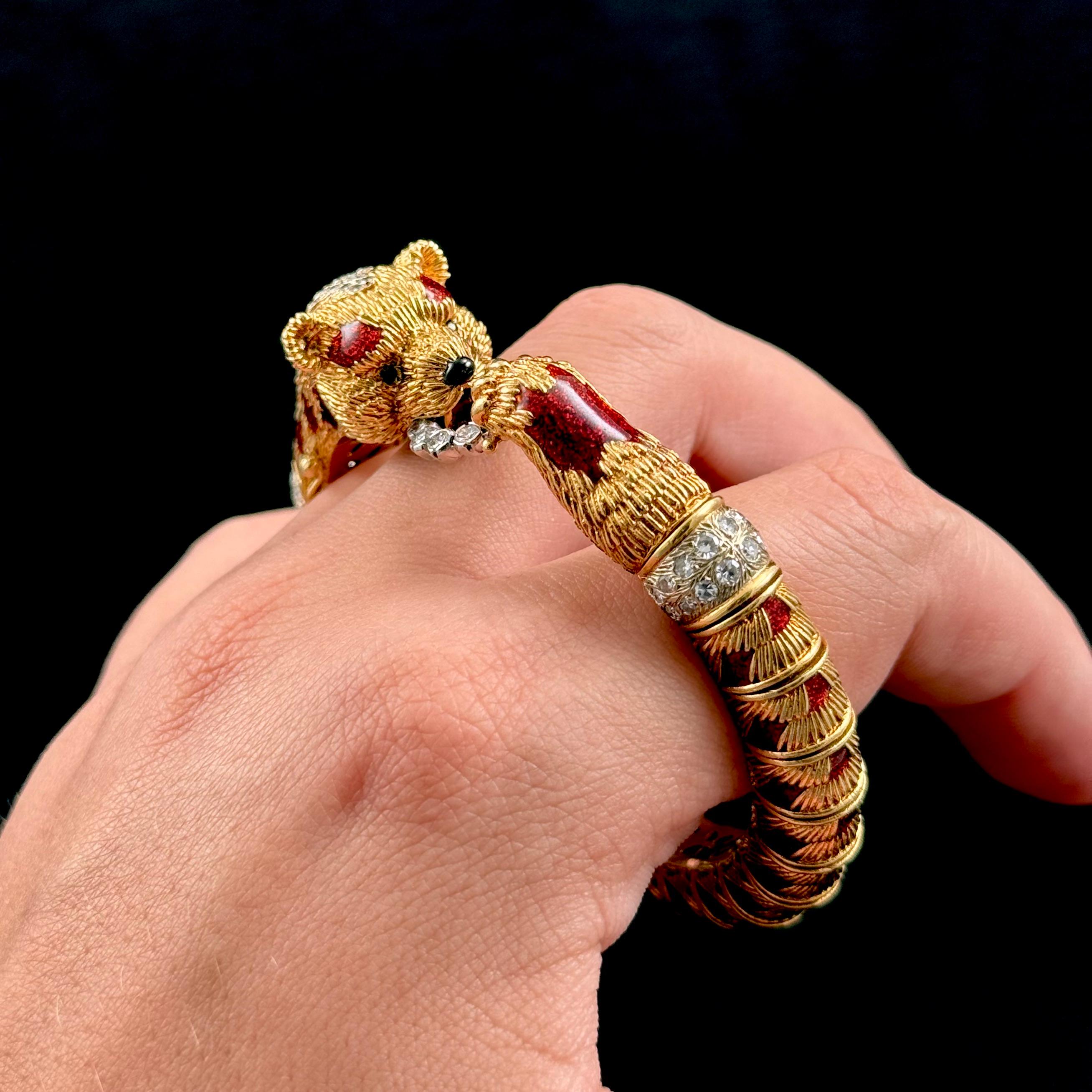 Frascarolo Red Panda Bear Enamel Diamond Bangle Bracelet Yellow Gold Italy 1960s 11
