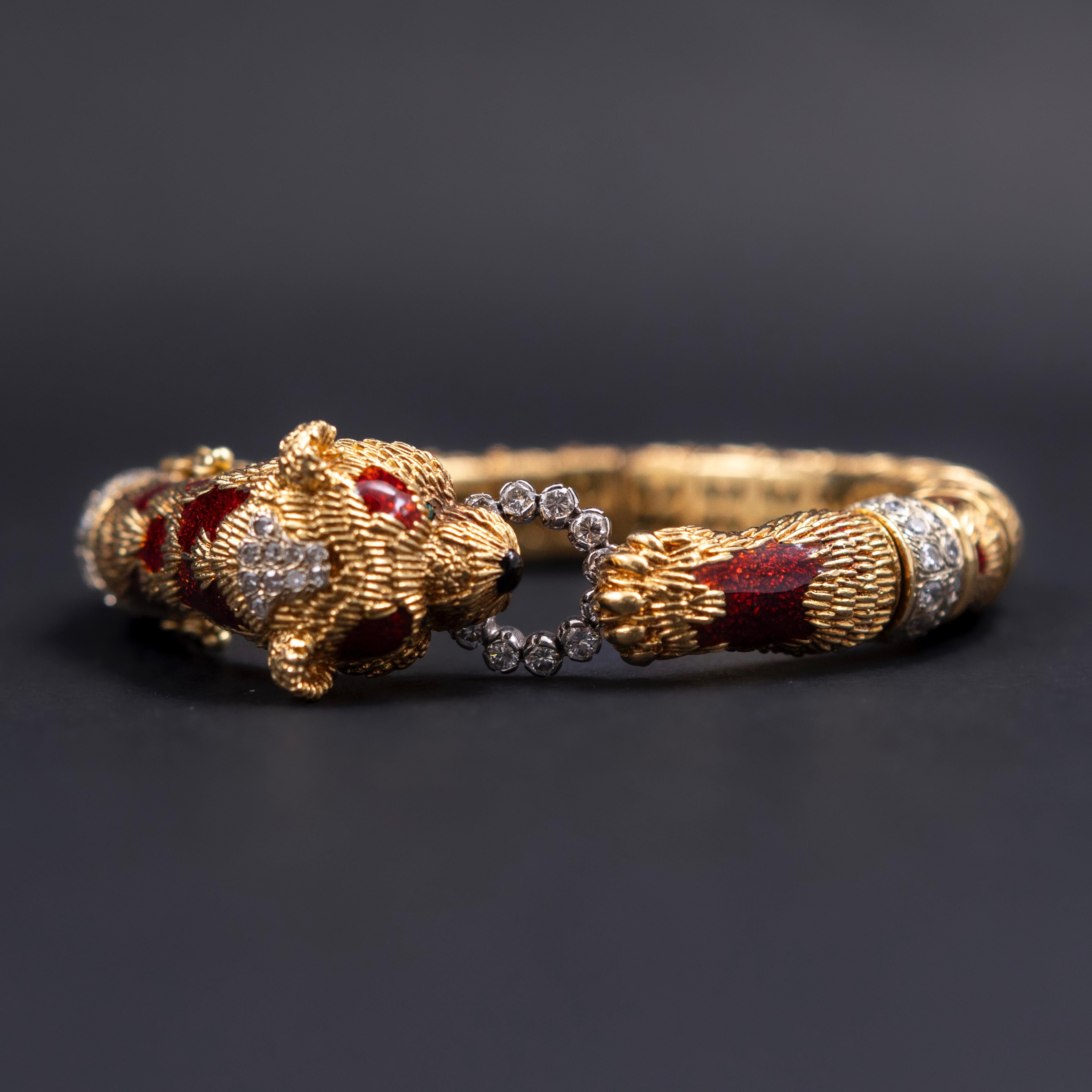 Modern Frascarolo Red Panda Bear Enamel Diamond Bangle Bracelet Yellow Gold Italy 1960s