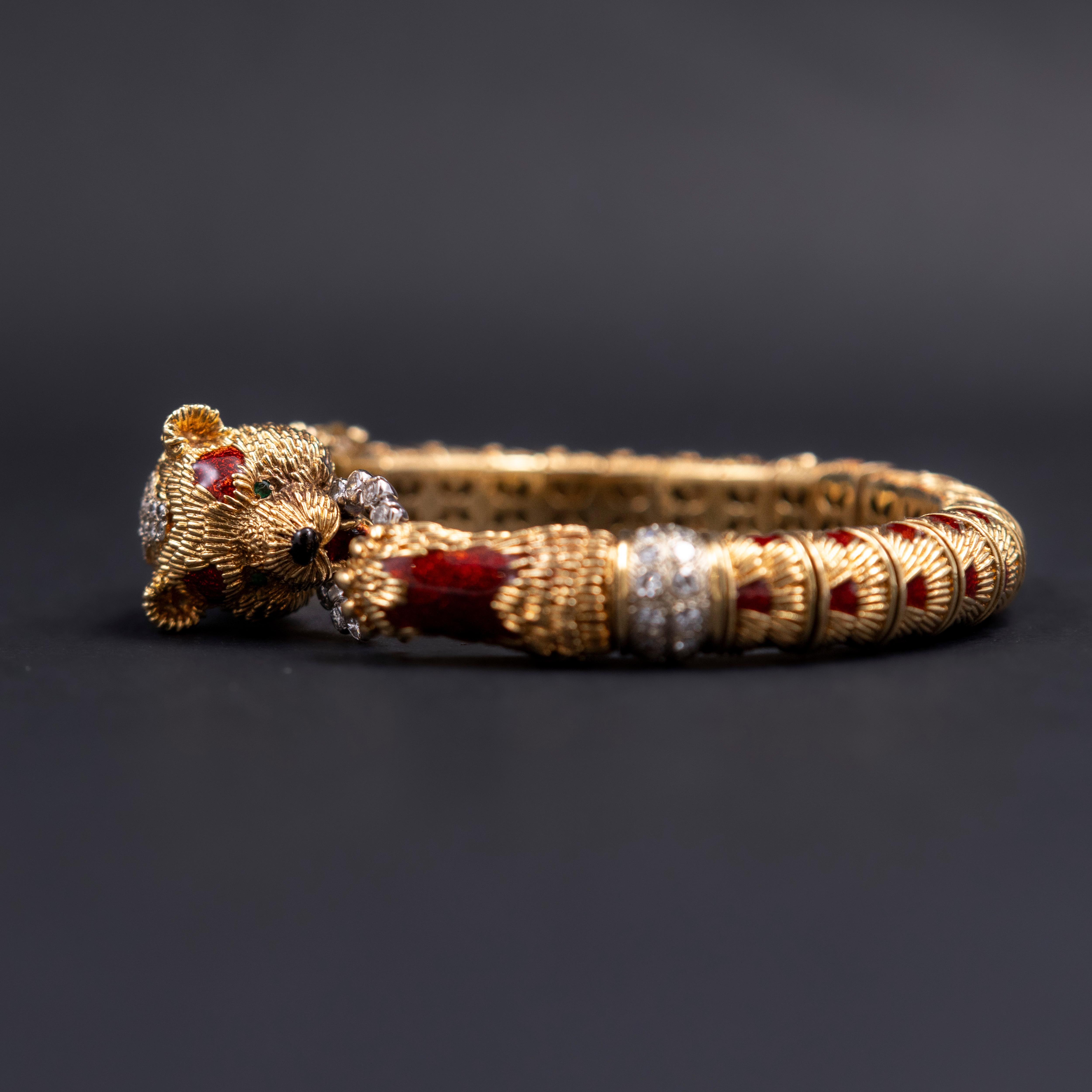 Round Cut Frascarolo Red Panda Bear Enamel Diamond Bangle Bracelet Yellow Gold Italy 1960s