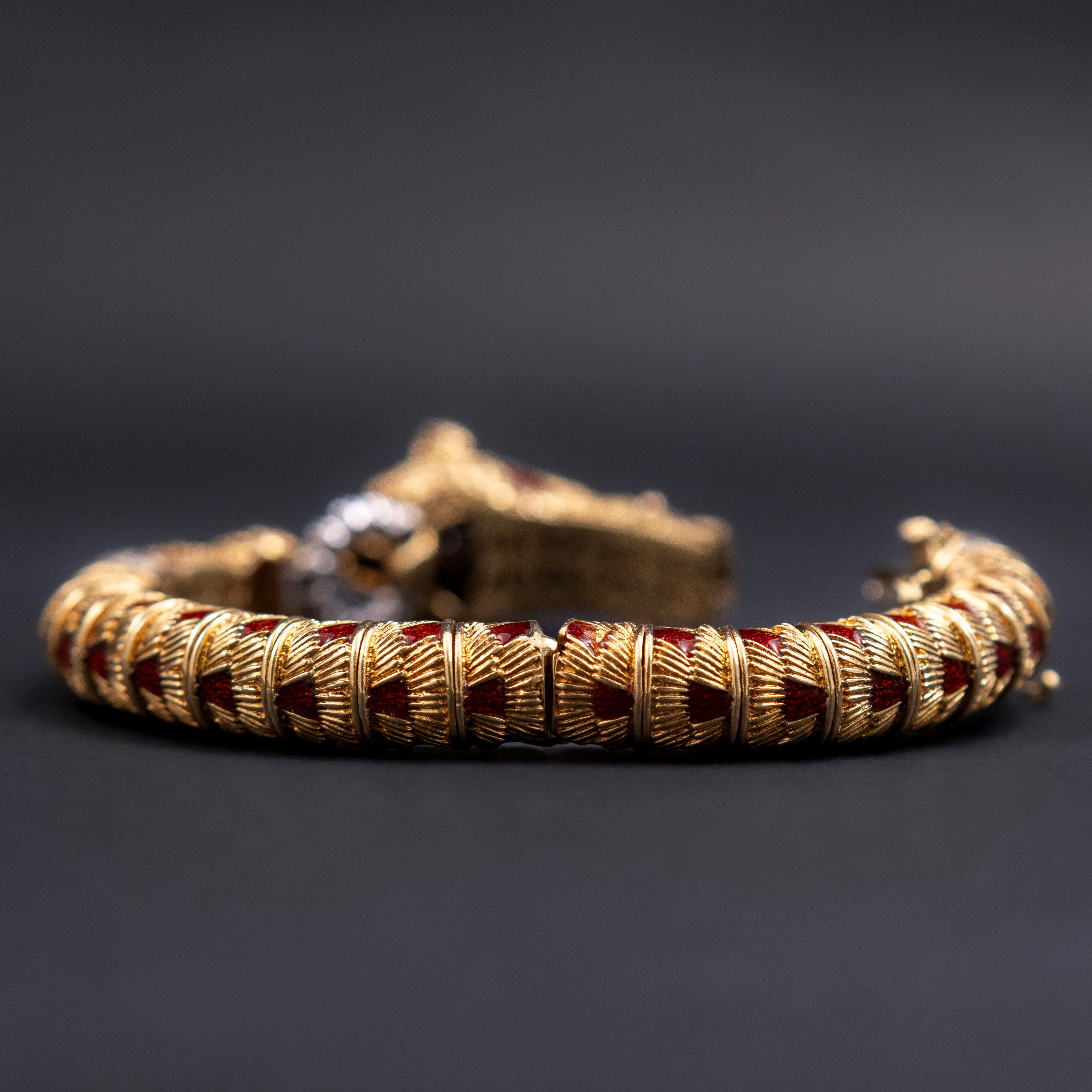 Women's or Men's Frascarolo Red Panda Bear Enamel Diamond Bangle Bracelet Yellow Gold Italy 1960s