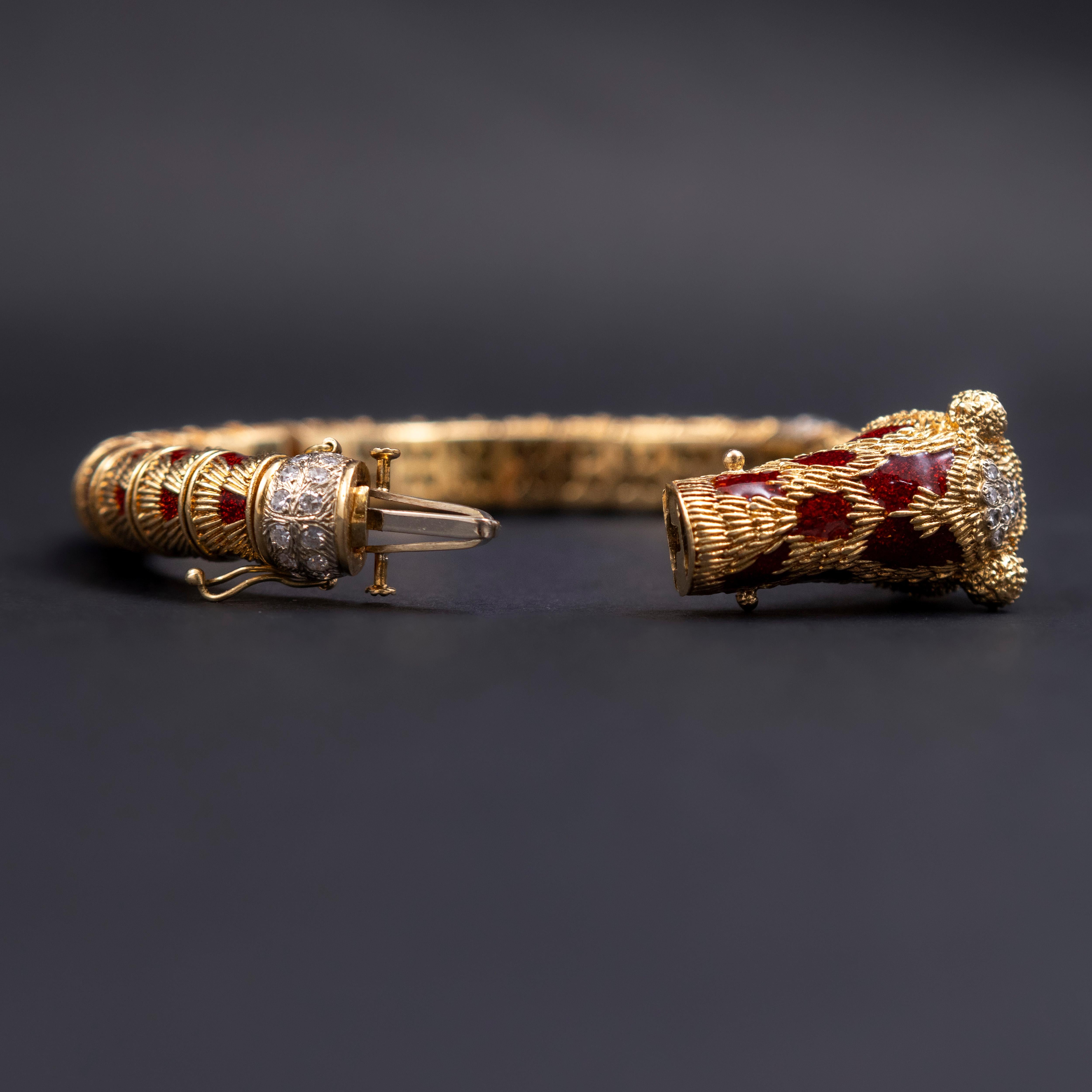 Frascarolo Red Panda Bear Enamel Diamond Bangle Bracelet Yellow Gold Italy 1960s 1