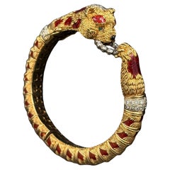 Frascarolo Red Panda Bear Enamel Diamond Bangle Bracelet Yellow Gold Italy 1960s