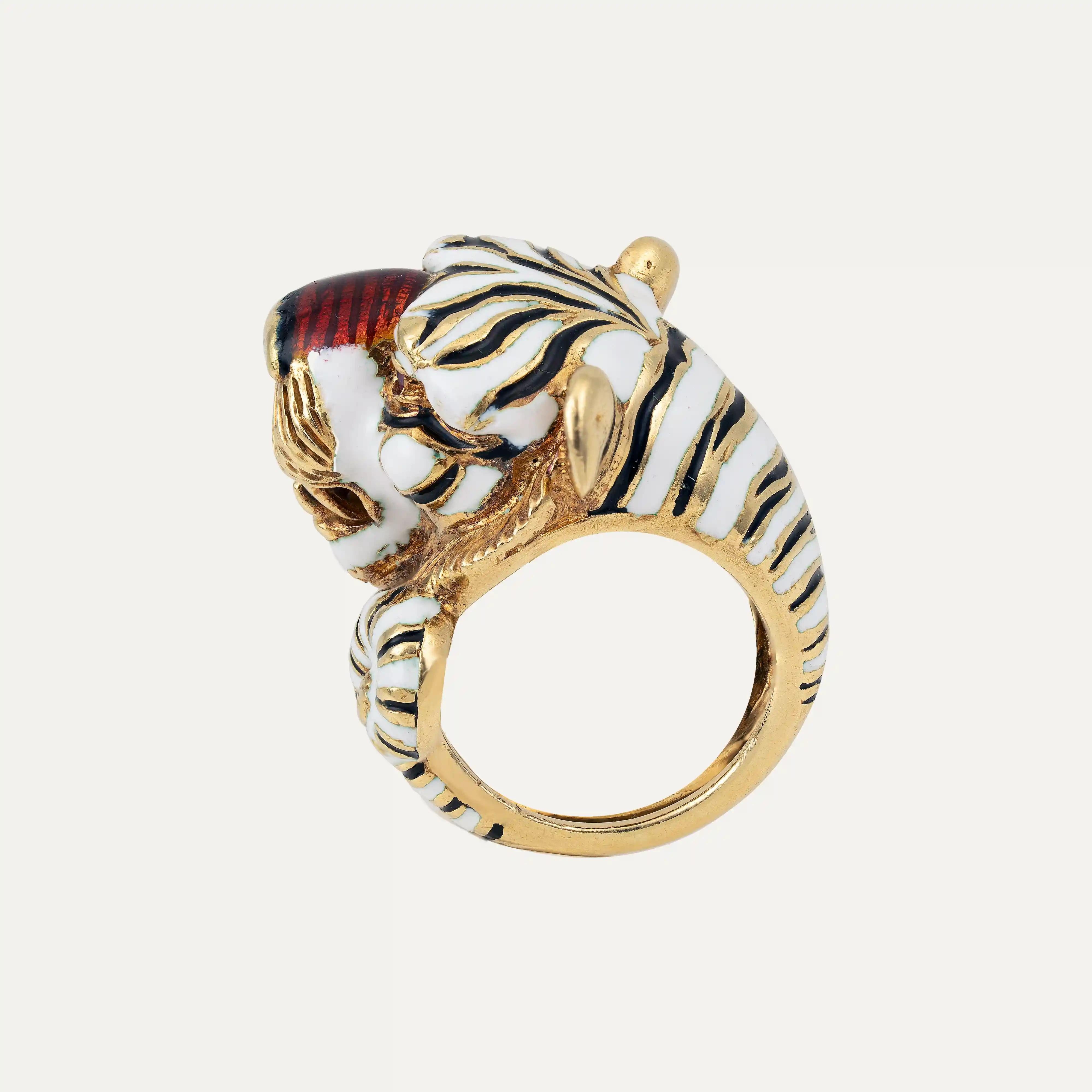Baroque Revival Frascarolo Tiger Gold Ring  Enamel and Rubies For Sale
