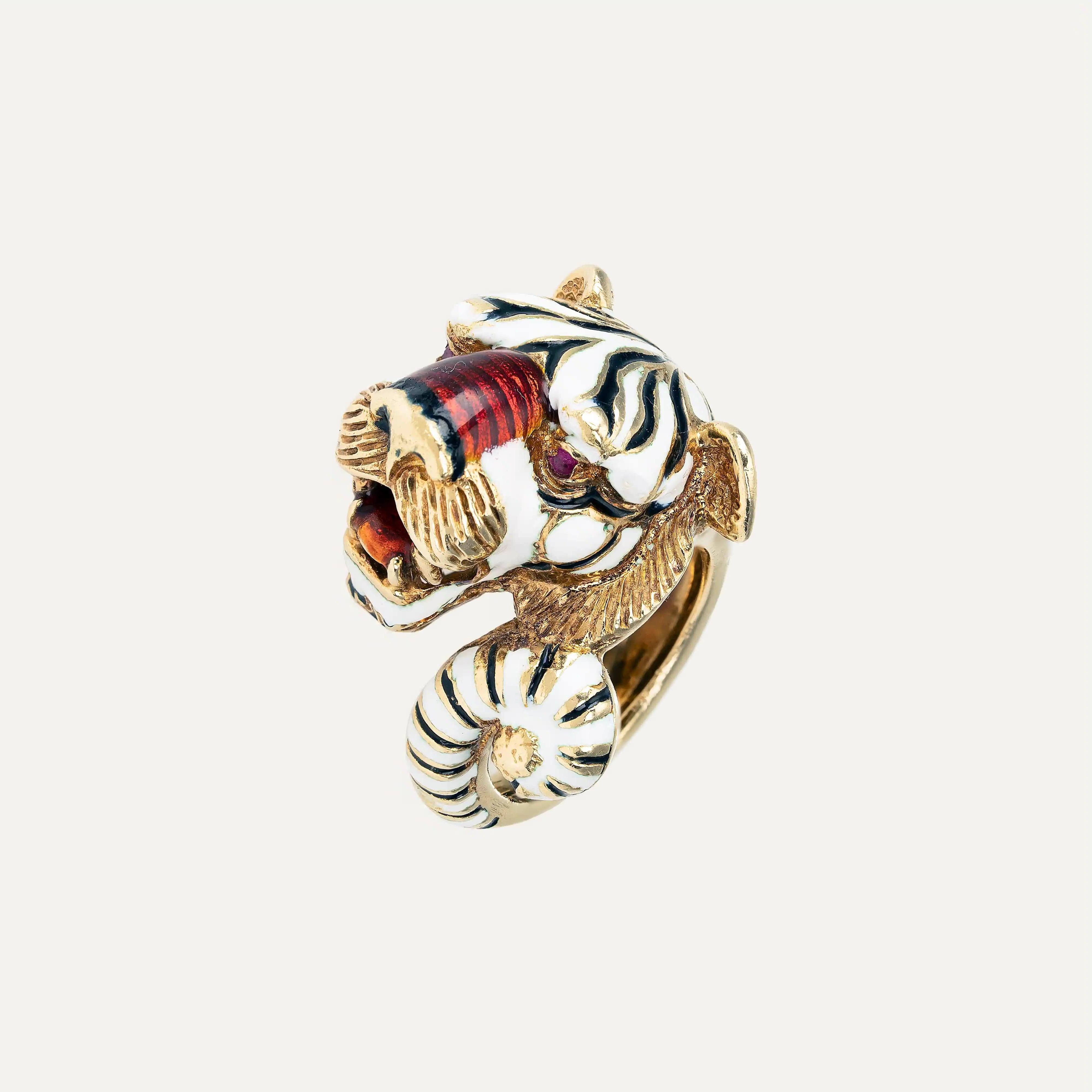 Cabochon Frascarolo Tiger Gold Ring  Enamel and Rubies For Sale