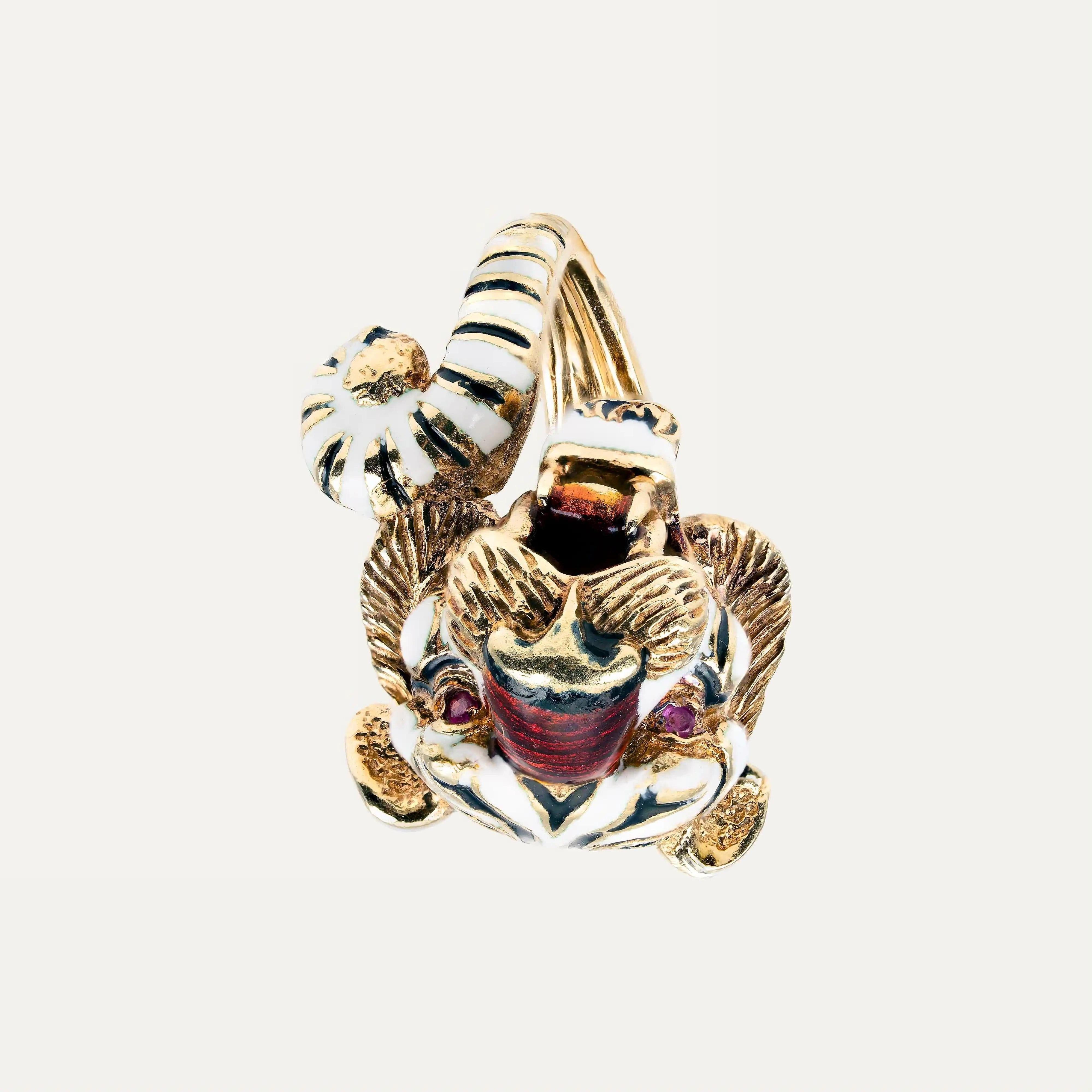 Women's or Men's Frascarolo Tiger Gold Ring  Enamel and Rubies For Sale
