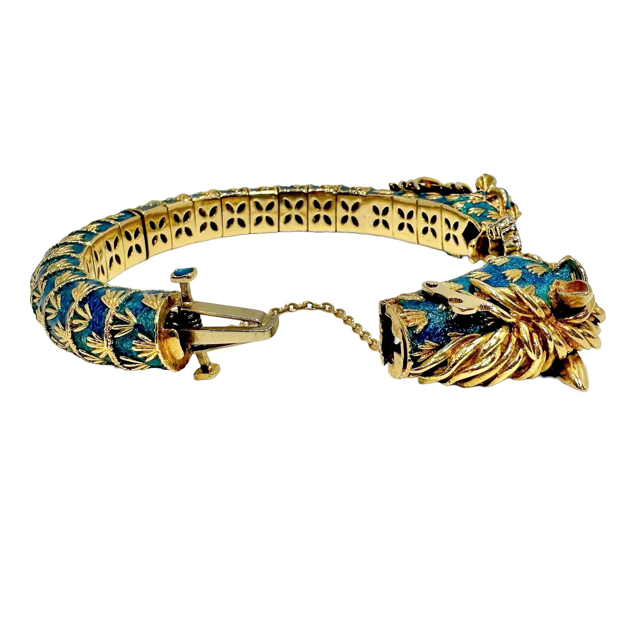 Modern Frascarolo Twin Horse, Teal Enamel, Ruby and Diamond Bangle Bracelet