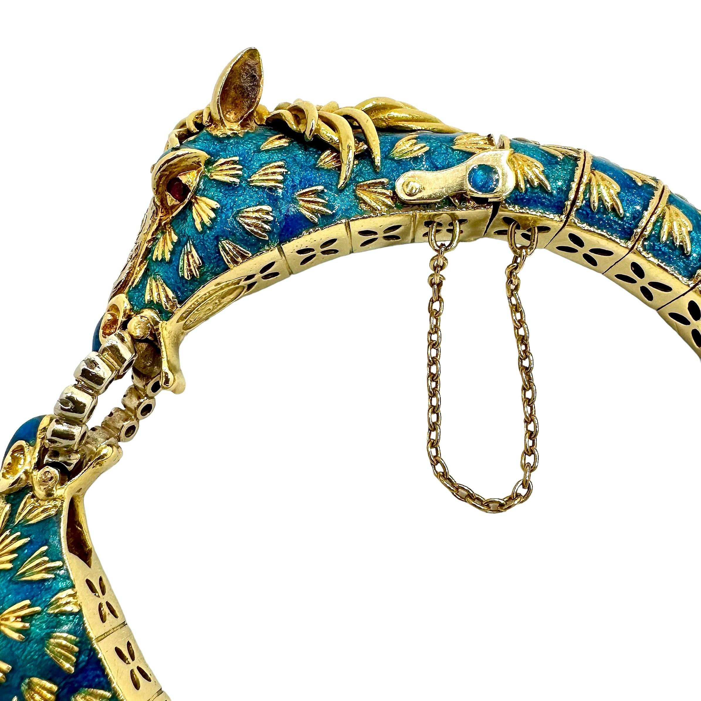 Frascarolo Twin Horse, Teal Enamel, Ruby and Diamond Bangle Bracelet In Good Condition In Palm Beach, FL