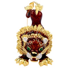 Frascarolo Broche lion vintage en or 18 carats avec onyx vert et diamants