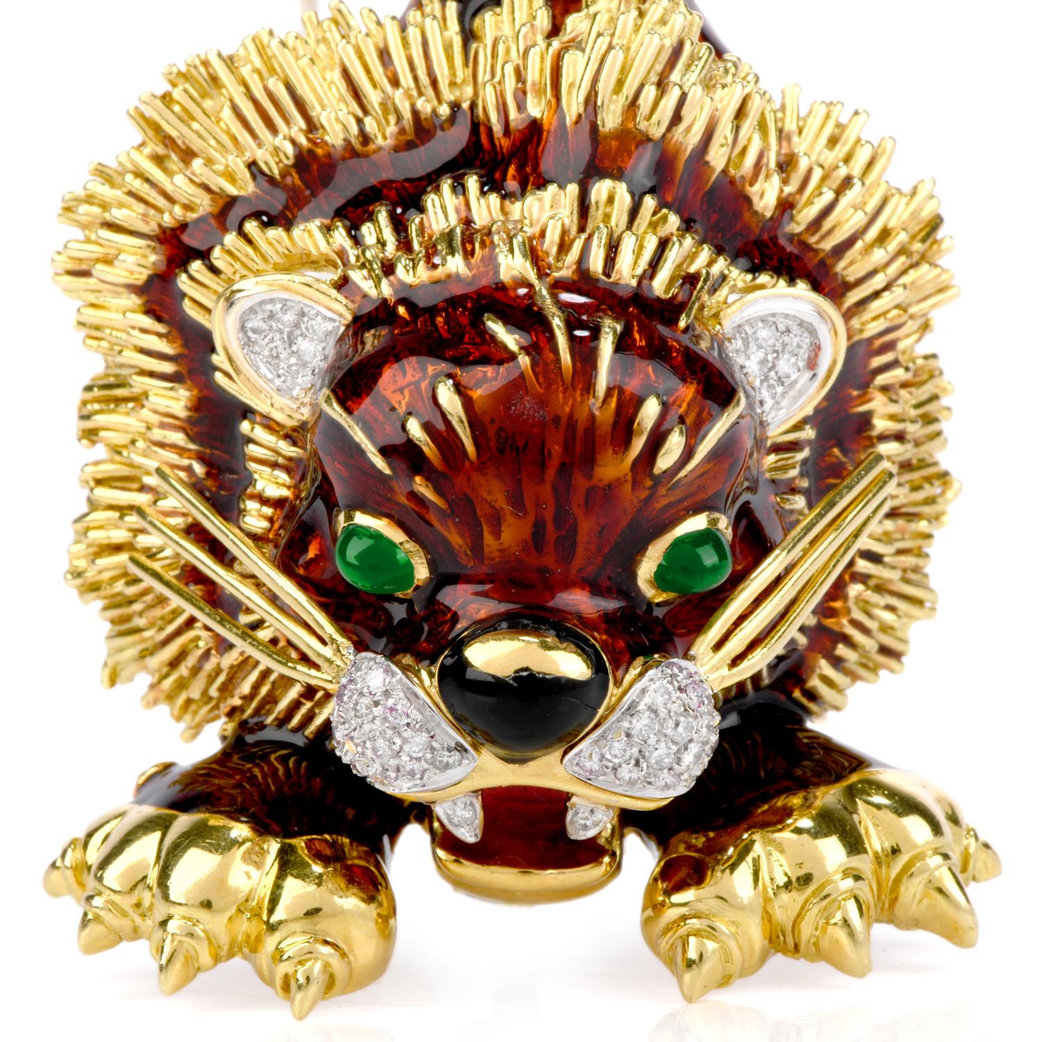Take on your day head-first, with this exciting Frascarolo Vintage Diamond Emerald 18K Gold Lion Brooch Pin! This pin

boasts 54 genuine round cut diamonds, with 0.40 carats, H-I color and VS clarity, pave set on the ears, nose and teeth of

the
