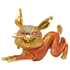 Frascarolo Vintage Diamond Ruby Enamel Rabbit 18 Karat Gold Brooch Pin