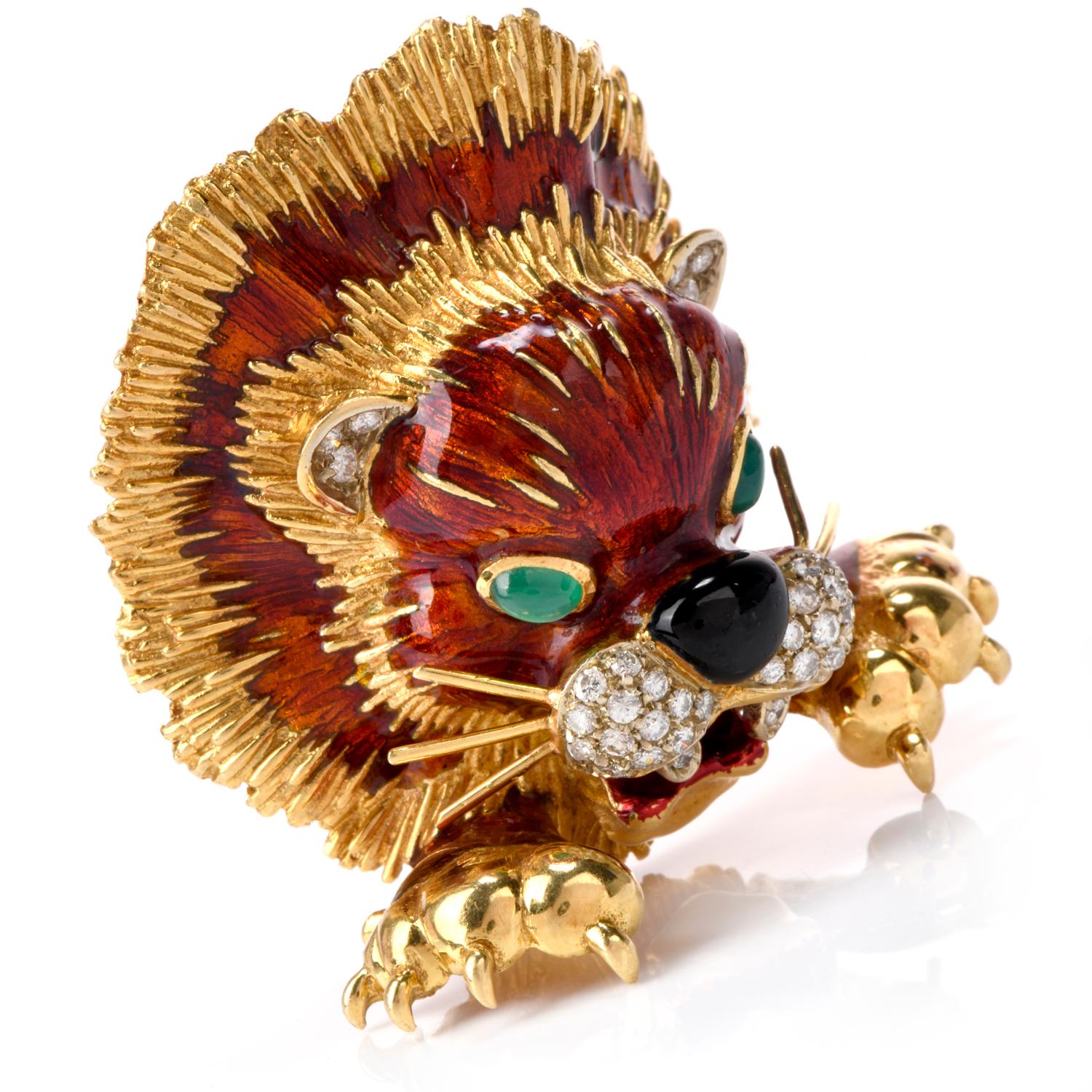 This Mid Century Italian designer Enameled Brooch was designed by Italian designer Frascarolo and inspired in a Roaring Lion Head motif.  This 18K gold brooch is ready to lunge forward as it looks through the eyes of green Onyx.  Glistening Diamond