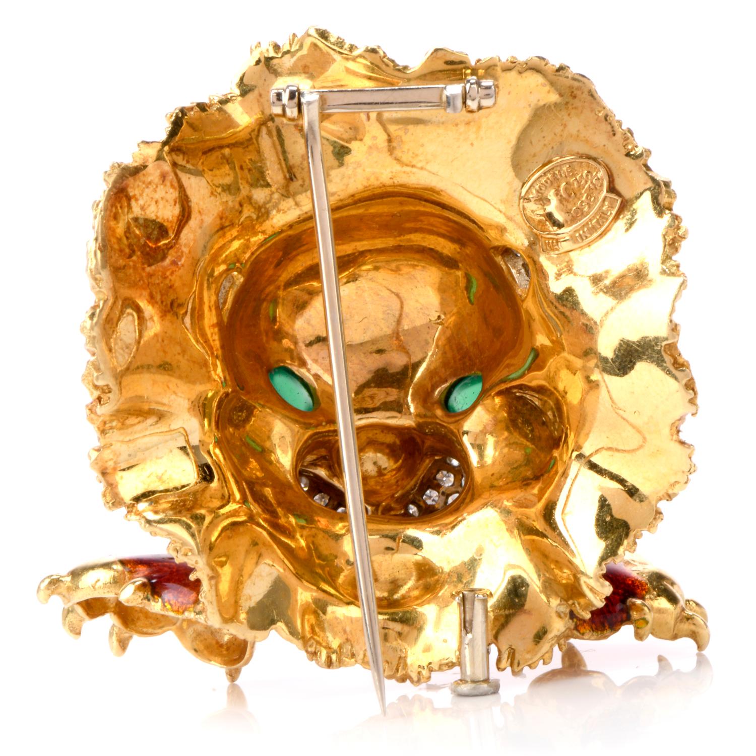 Frascarolo Alfiler broche vintage de león esmaltado con diamantes Corte redondo en venta