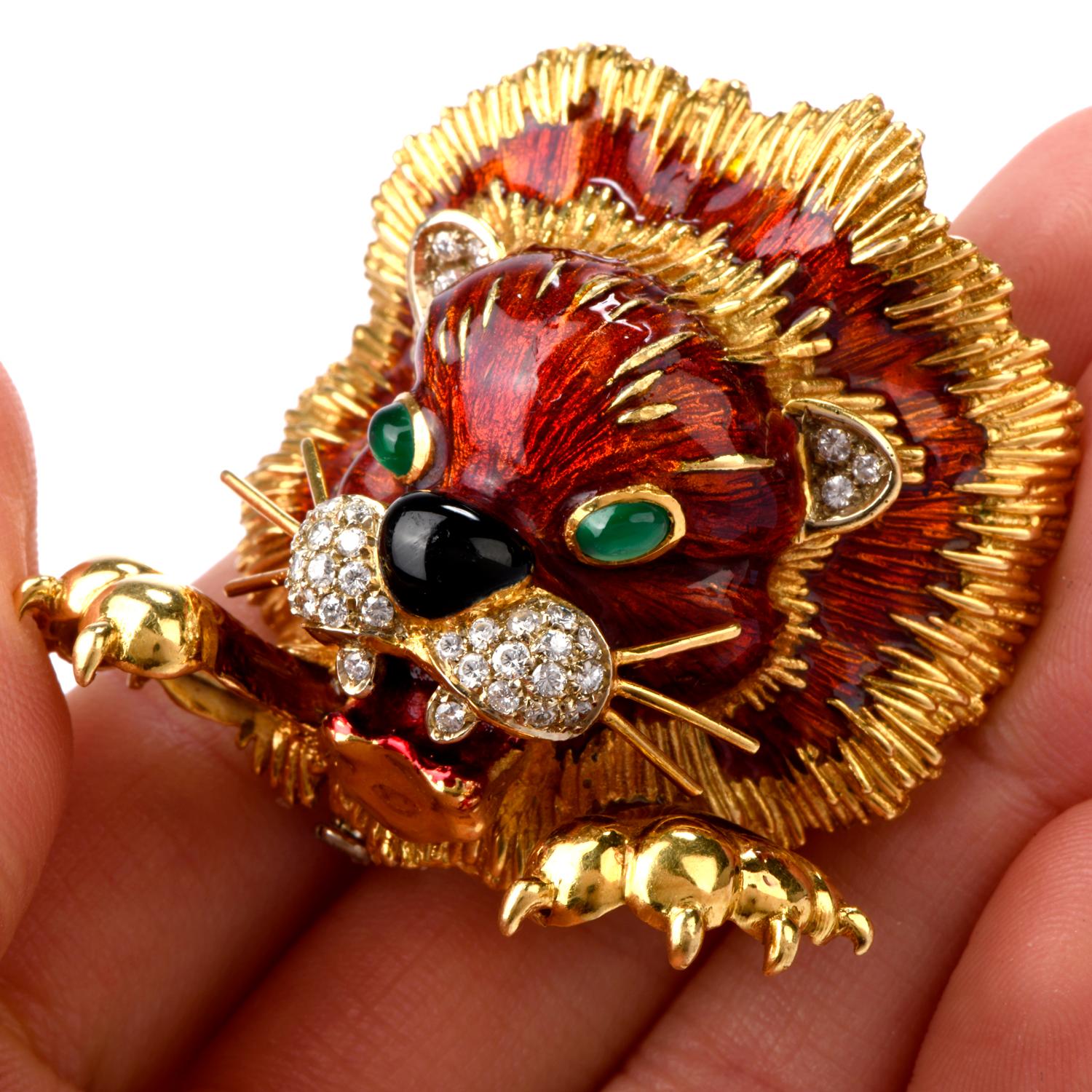 Women's Frascarolo Vintage Enameled Diamond Lion Brooch Pin For Sale