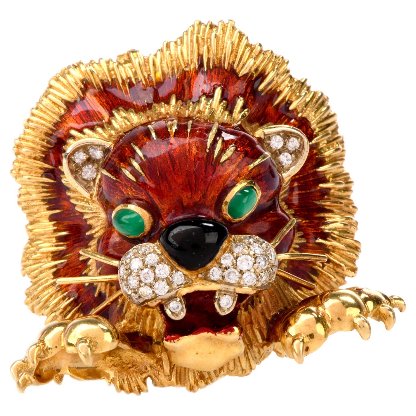 Frascarolo Broche lion vintage émaillée avec diamants en vente