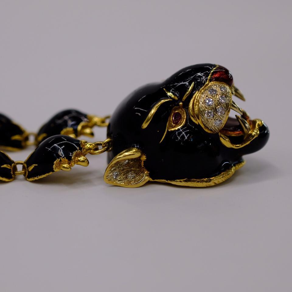 Modern Frascarolo Yellow Gold Black and Red Enamel and Diamond Panther Pendant Necklace