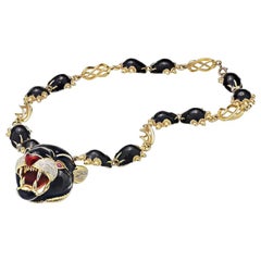 Frascarolo Gelbgold Schwarz und Rot Emaille und Diamant Panther Anhänger Halskette