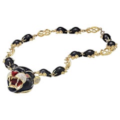 Frascarolo Yellow Gold Black and Red Enamel and Diamond Panther Pendant Necklace