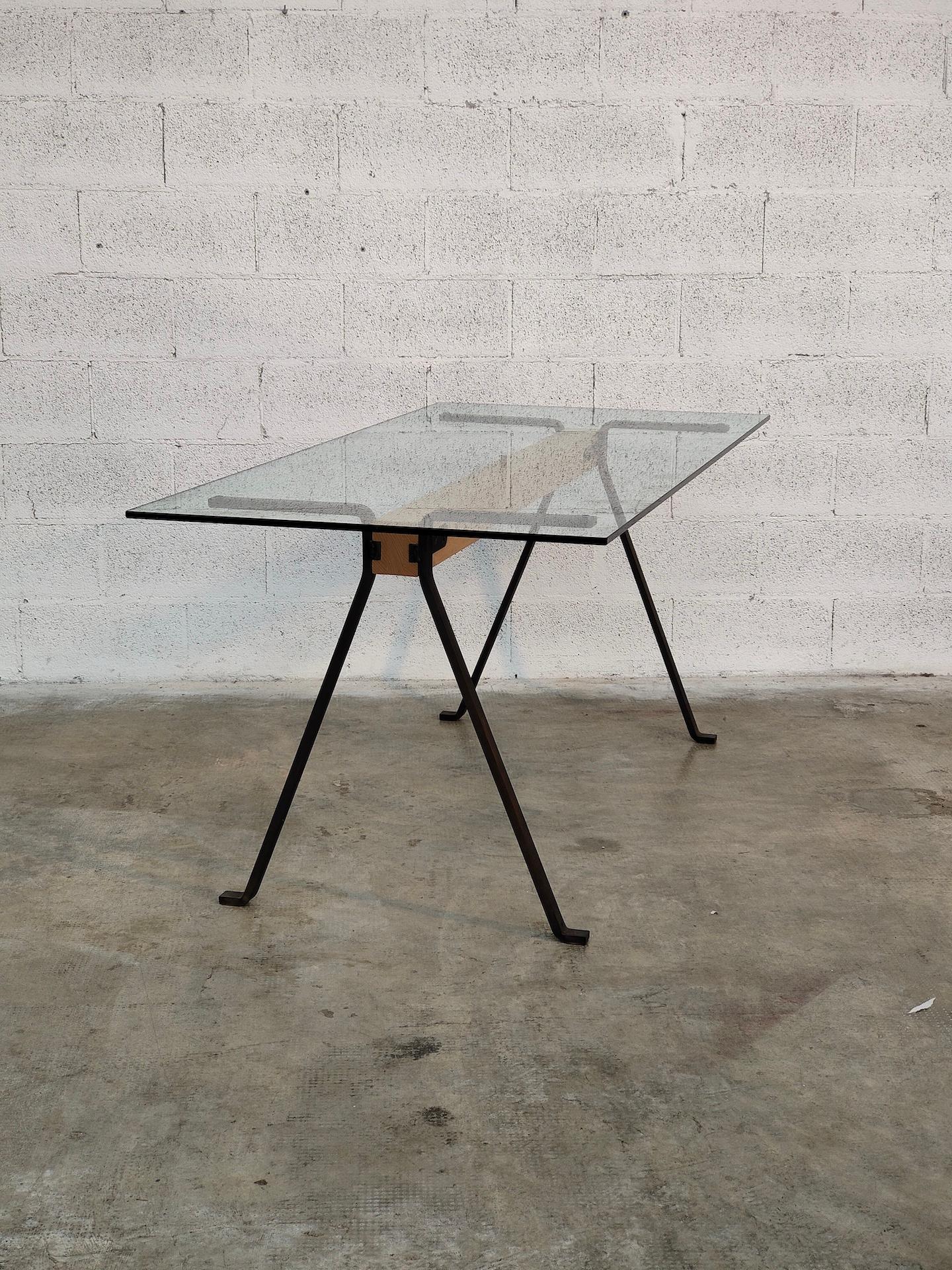 Italian Frate Metal, Glass and Wooden Dining Table by Enzo Mari for Driade 70s