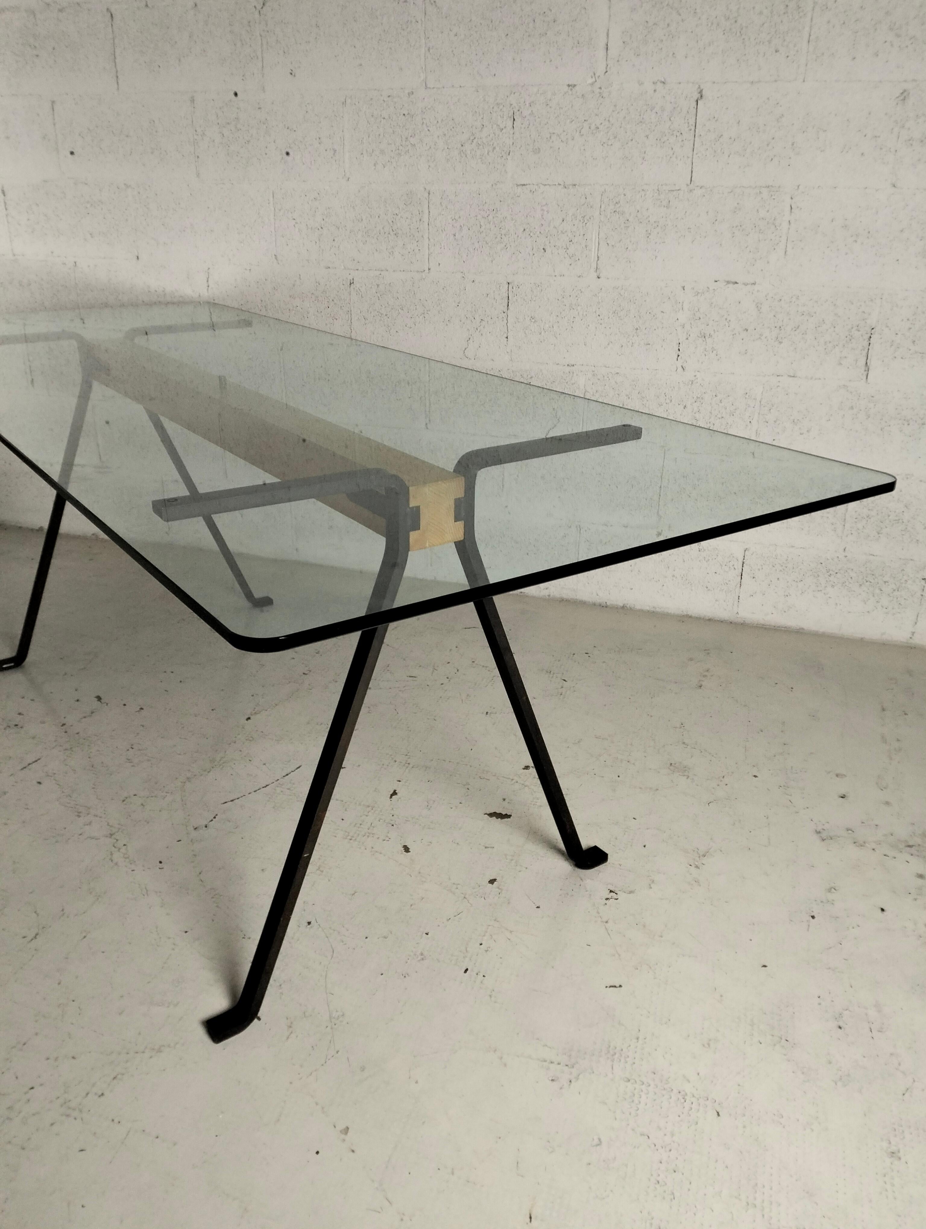 Table de salle à manger Frate en métal, verre et bois d'Enzo Mari pour Driade des années 70 Bon état - En vente à Padova, IT