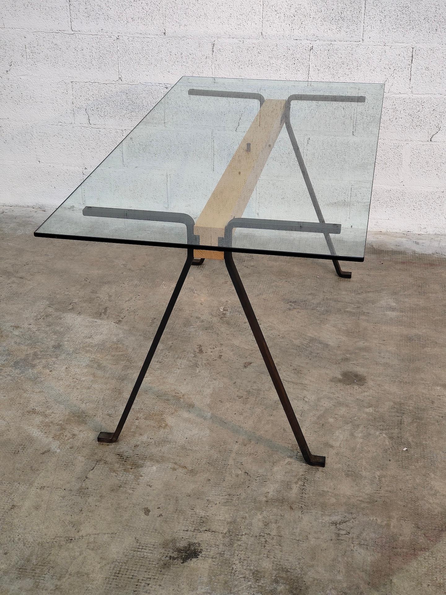Frate Metal, Glass and Wooden Dining Table by Enzo Mari for Driade 70s In Good Condition In Padova, IT