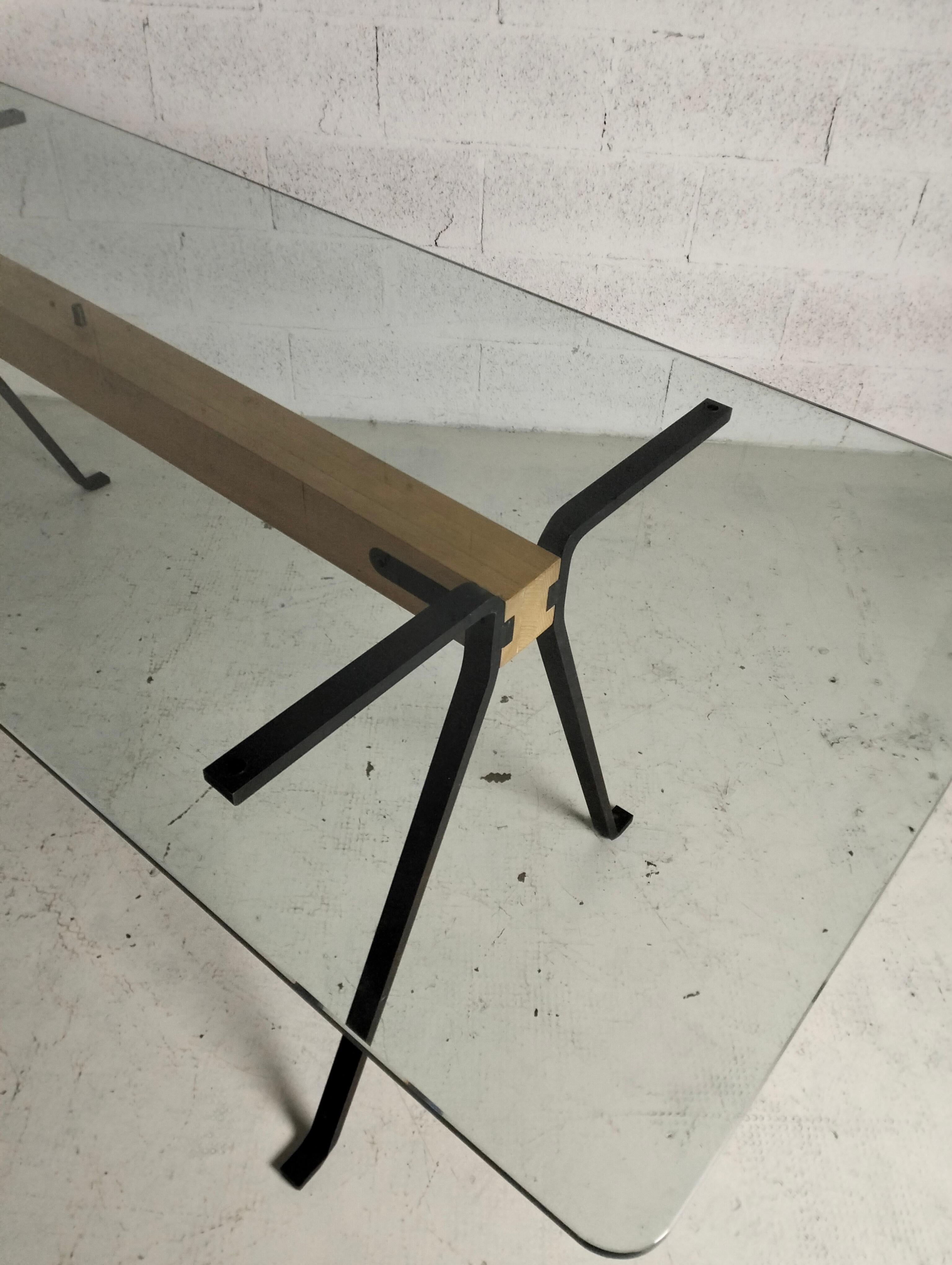 Métal Table de salle à manger Frate en métal, verre et bois d'Enzo Mari pour Driade des années 70 en vente