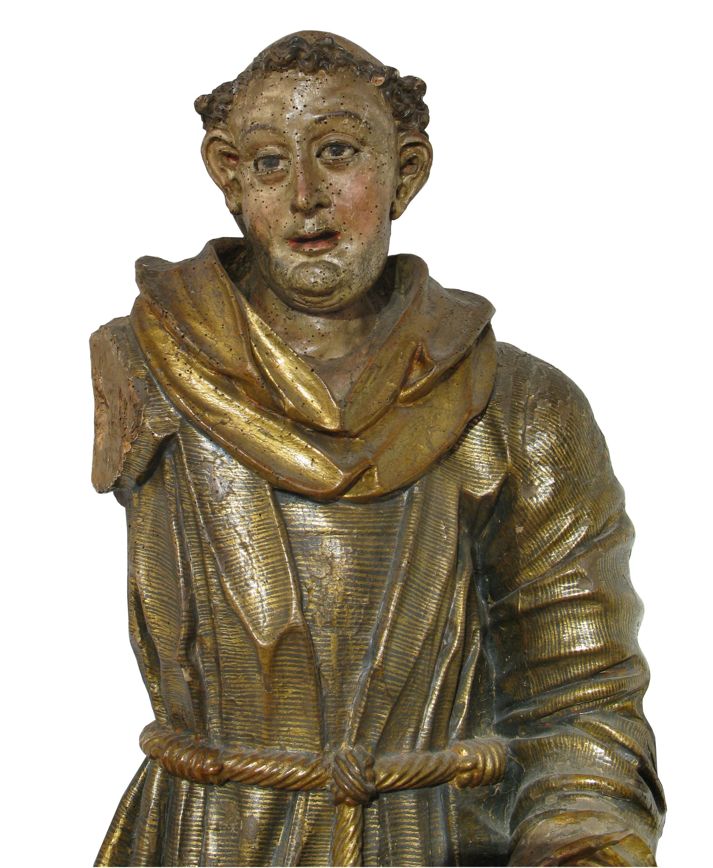 Friar (St. Anthony), polychrome and gilded wood sculpture, 16th century


St. Anthony standing, caught  in the act of preaching.

Talar dress consisting of a tunic decorated in gold, striped with a thick hatching of parallel black lines, and cinched