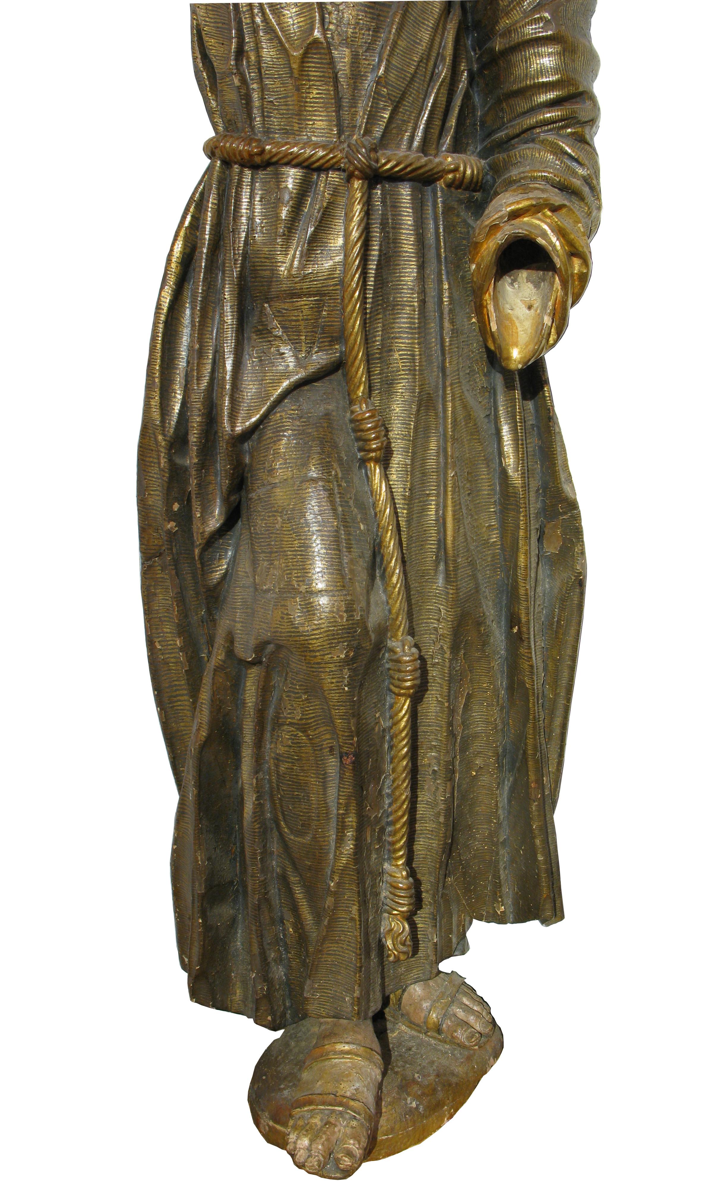 Renaissance Friar (St. Anthony), polychrome and gilded wood sculpture, 16th century For Sale