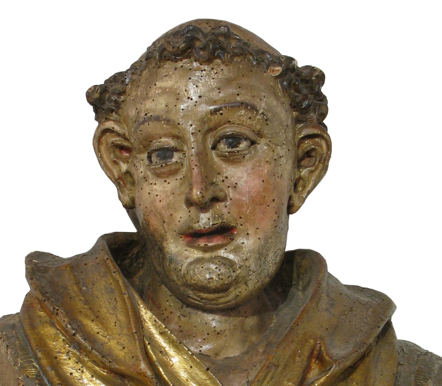 Hand-Carved Friar (St. Anthony), polychrome and gilded wood sculpture, 16th century For Sale
