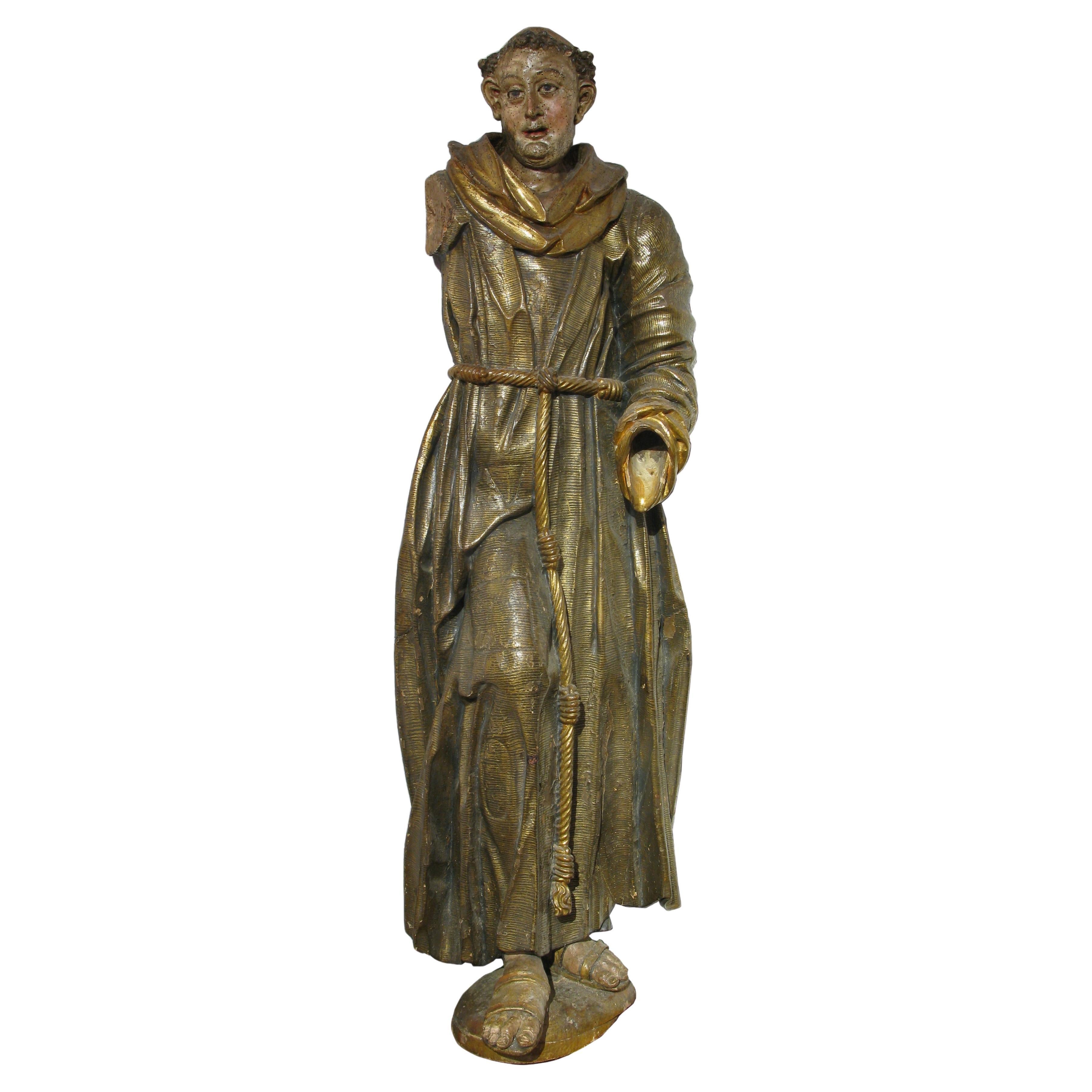 Friar (St. Anthony), polychrome and gilded wood sculpture, 16th century For Sale