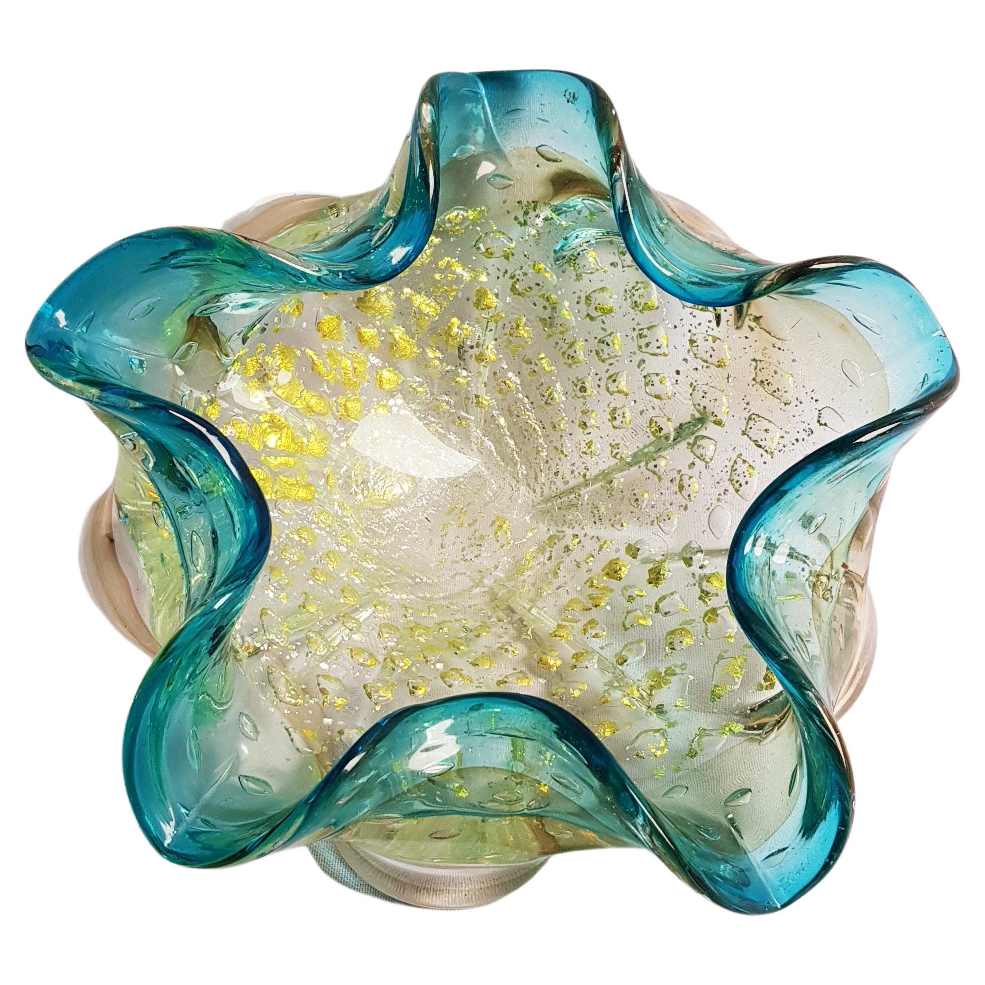 Frateli Toso Murano Glass Bowl with Gold and silver Leaf For Sale