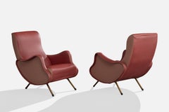 Fratelli Bergallo, Lounge Chairs, Brass, Vinyl, Wood, Italy, 1950s