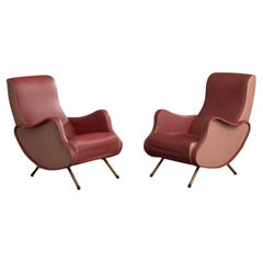 Fratelli Bergallo, Lounge Chairs, Brass, Vinyl, Wood, Italy, 1950s