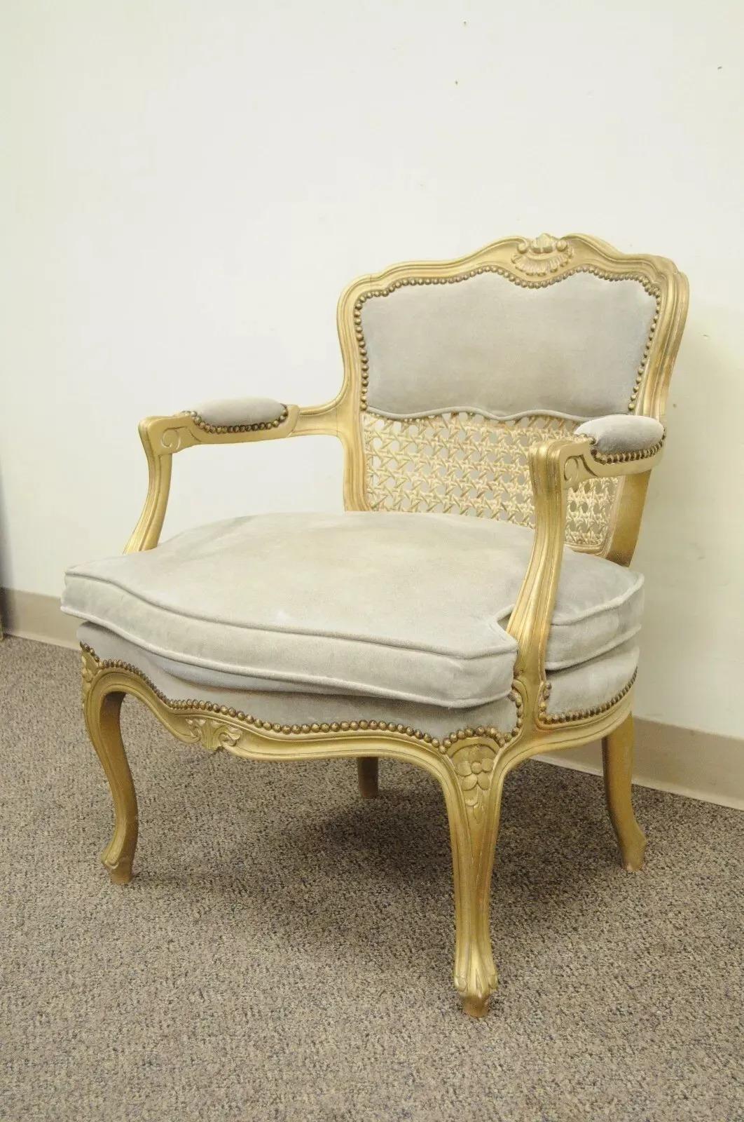 Chaise à accoudoirs Fratelli Boffi de style Louis XV en daim canné gris doré en vente 6