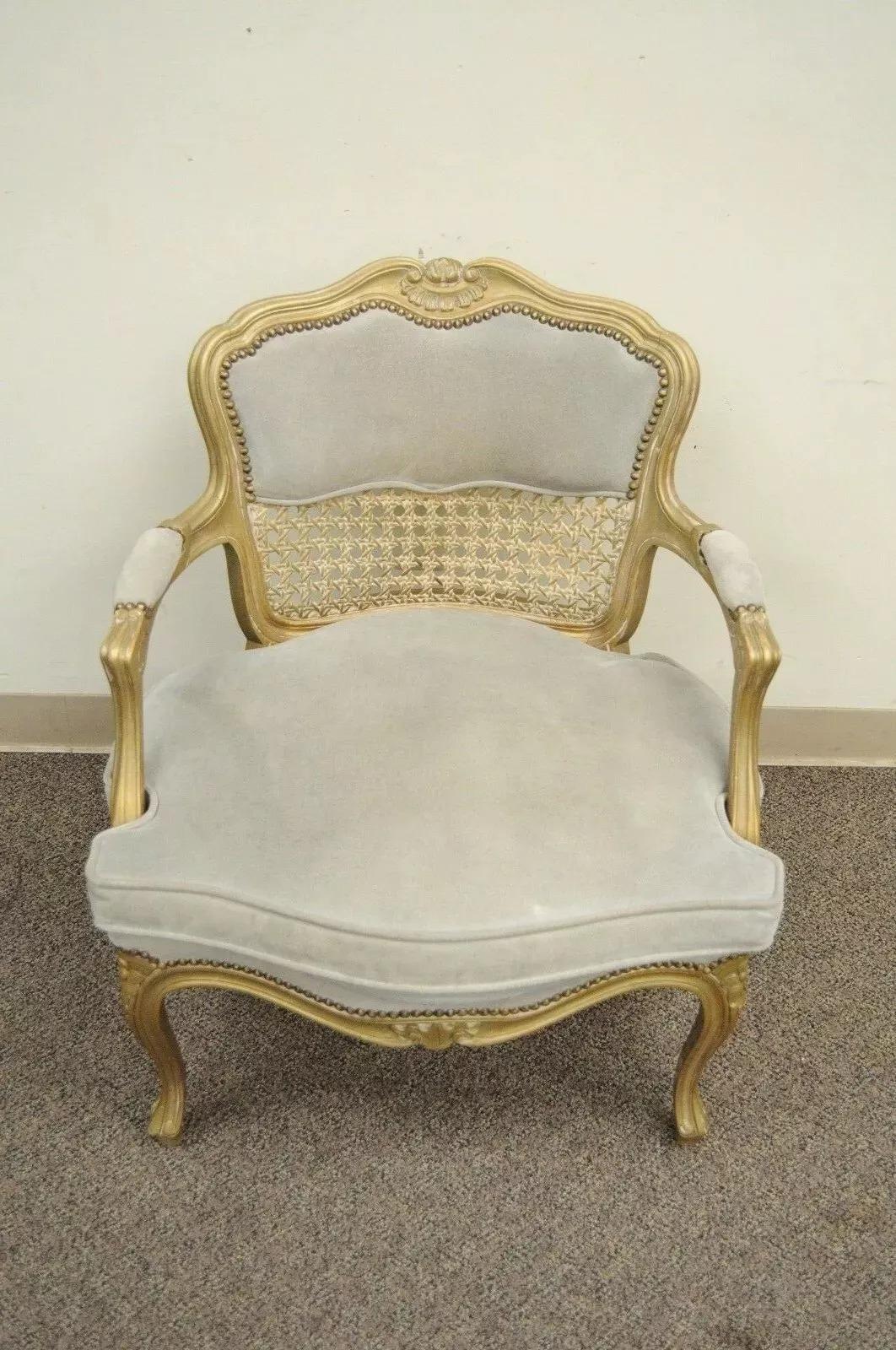 Chaise à accoudoirs Fratelli Boffi de style Louis XV en daim canné gris doré Bon état - En vente à Philadelphia, PA