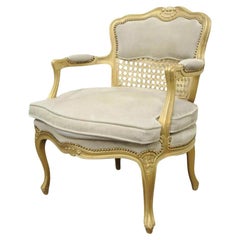 Fratelli Boffi French Louis XV Style Gold Gray Suede Cane Bergere Arm Chair